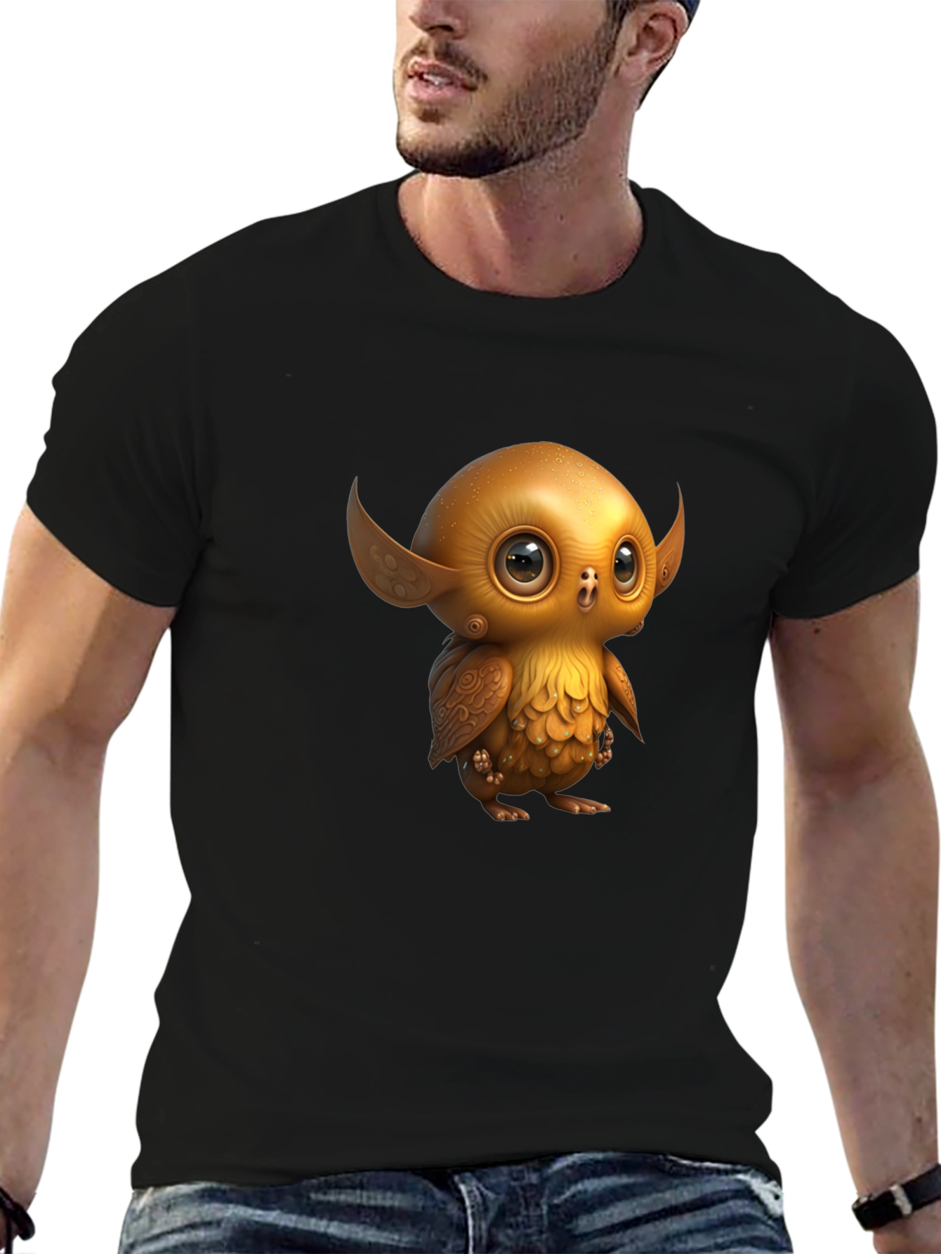 Black Cute Golden Owl Creature Graphic Tee view 6