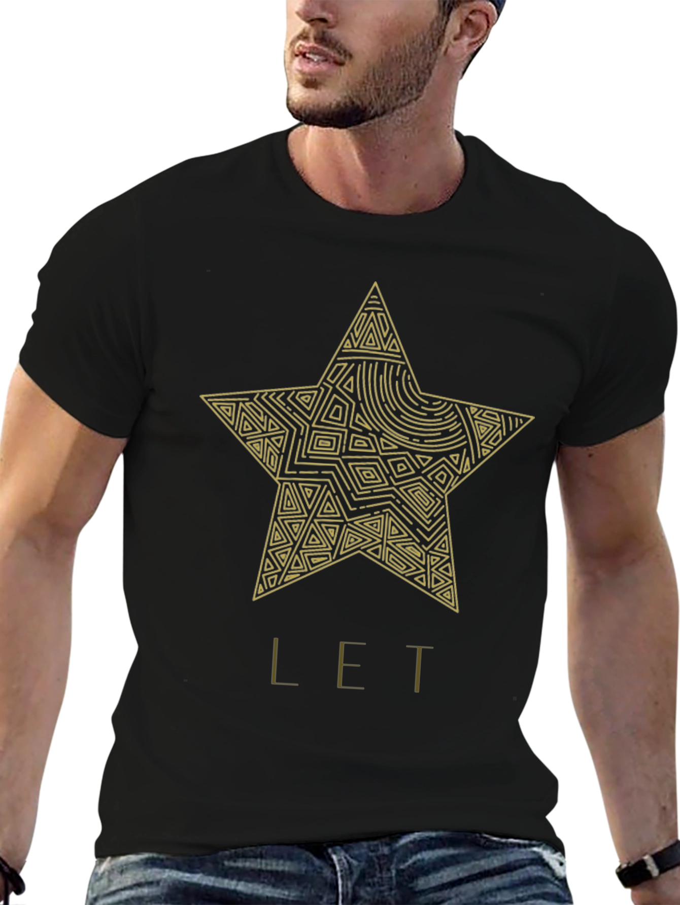 Black Abstract Star Graphic Print Tee - Stylish Black Cotton T-Shirt view 6