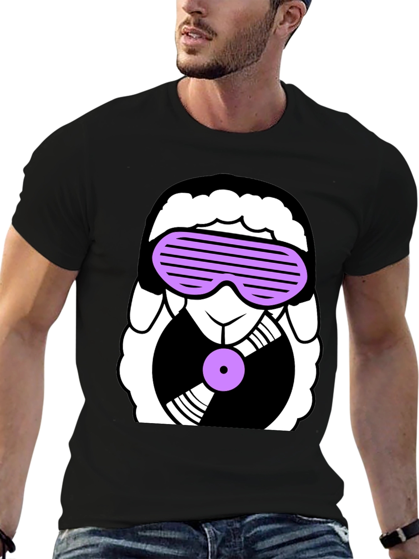 Black DJ Sheep Graphic Tee - Black Cotton T-Shirt view 6