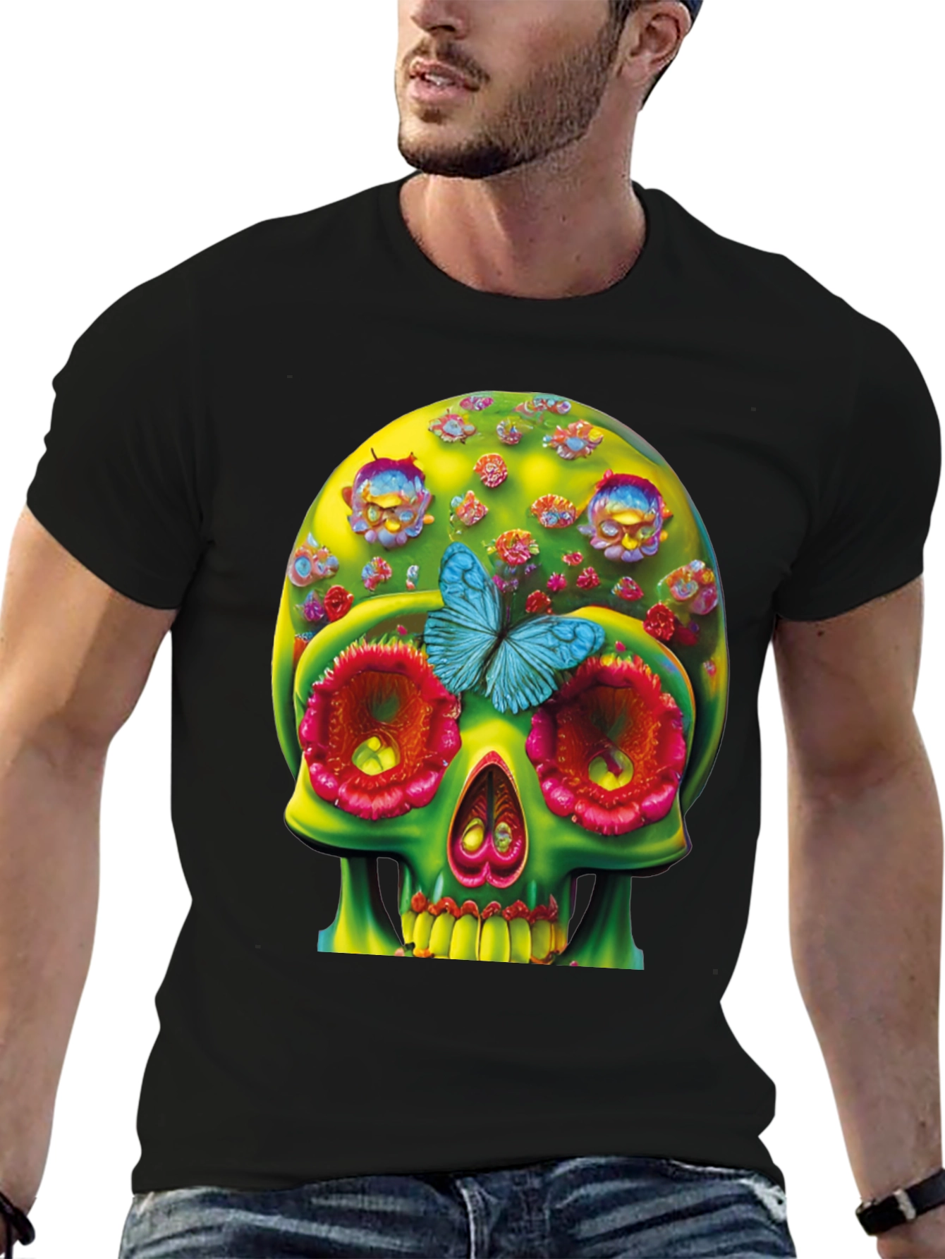 Black Floral Skull T-Shirt - Unique Graphic Tee view 6