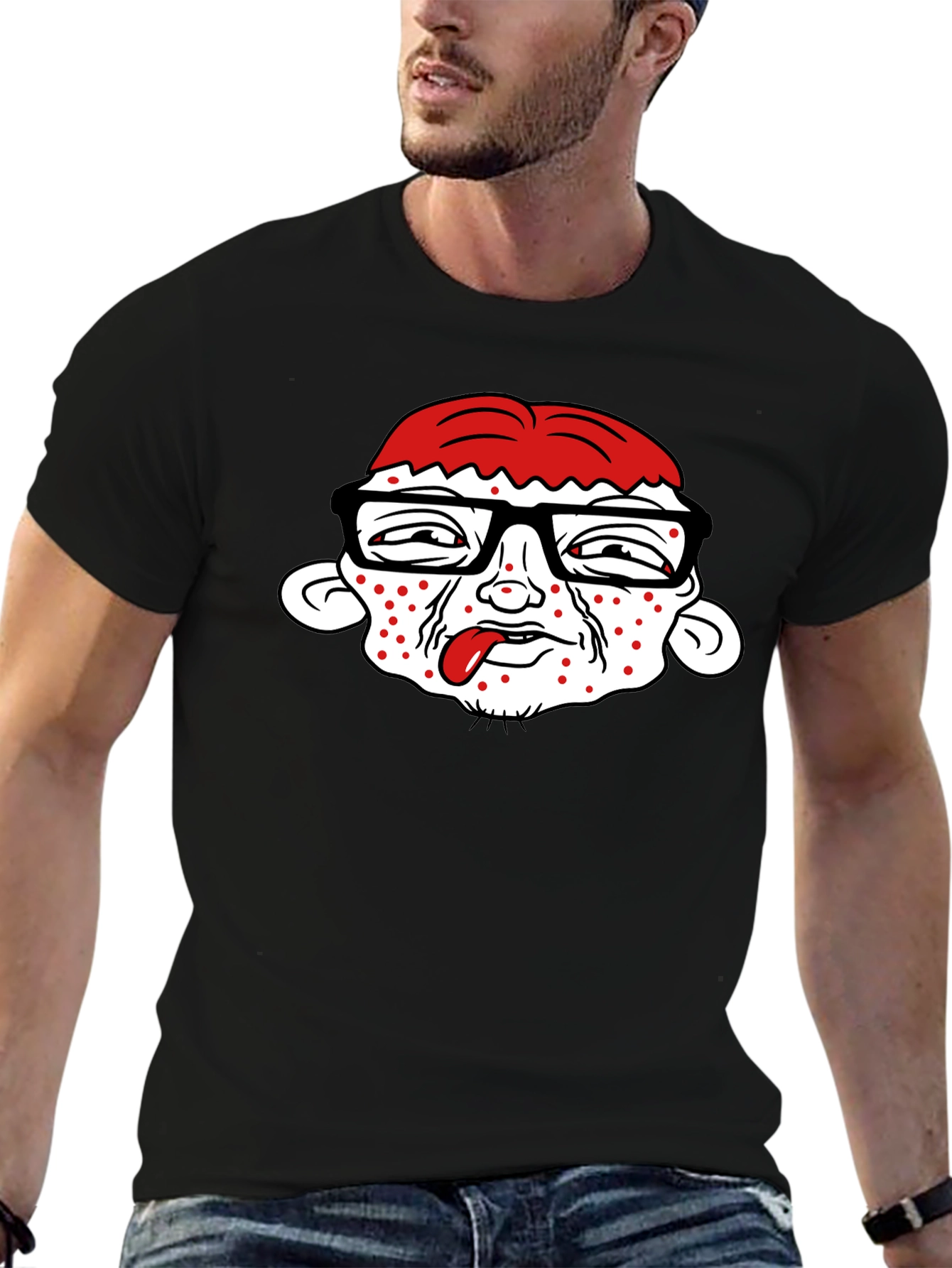 Black Funny Cartoon Face Black T-Shirt view 6