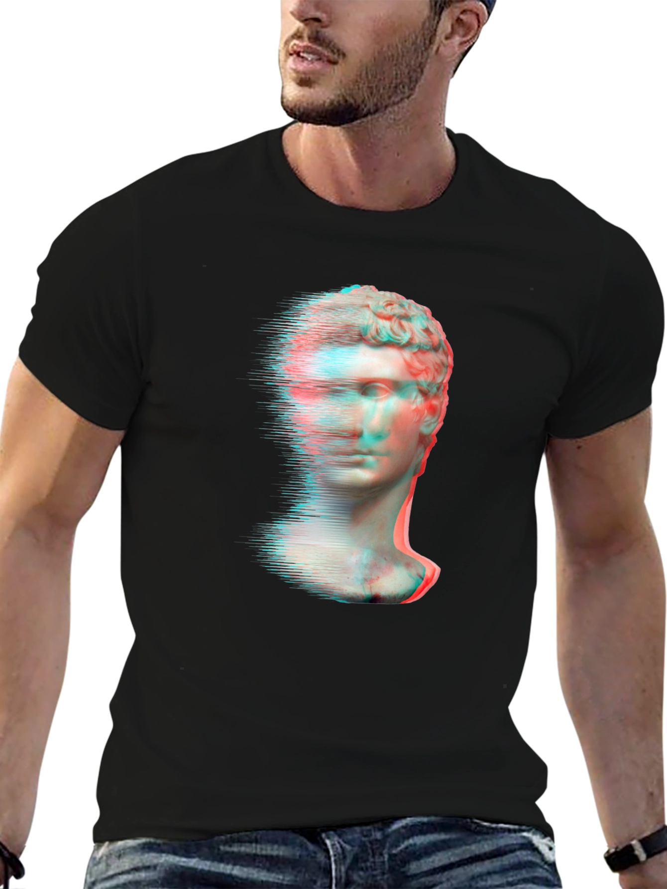 Black Glitch Art Statue Graphic Tee view 6