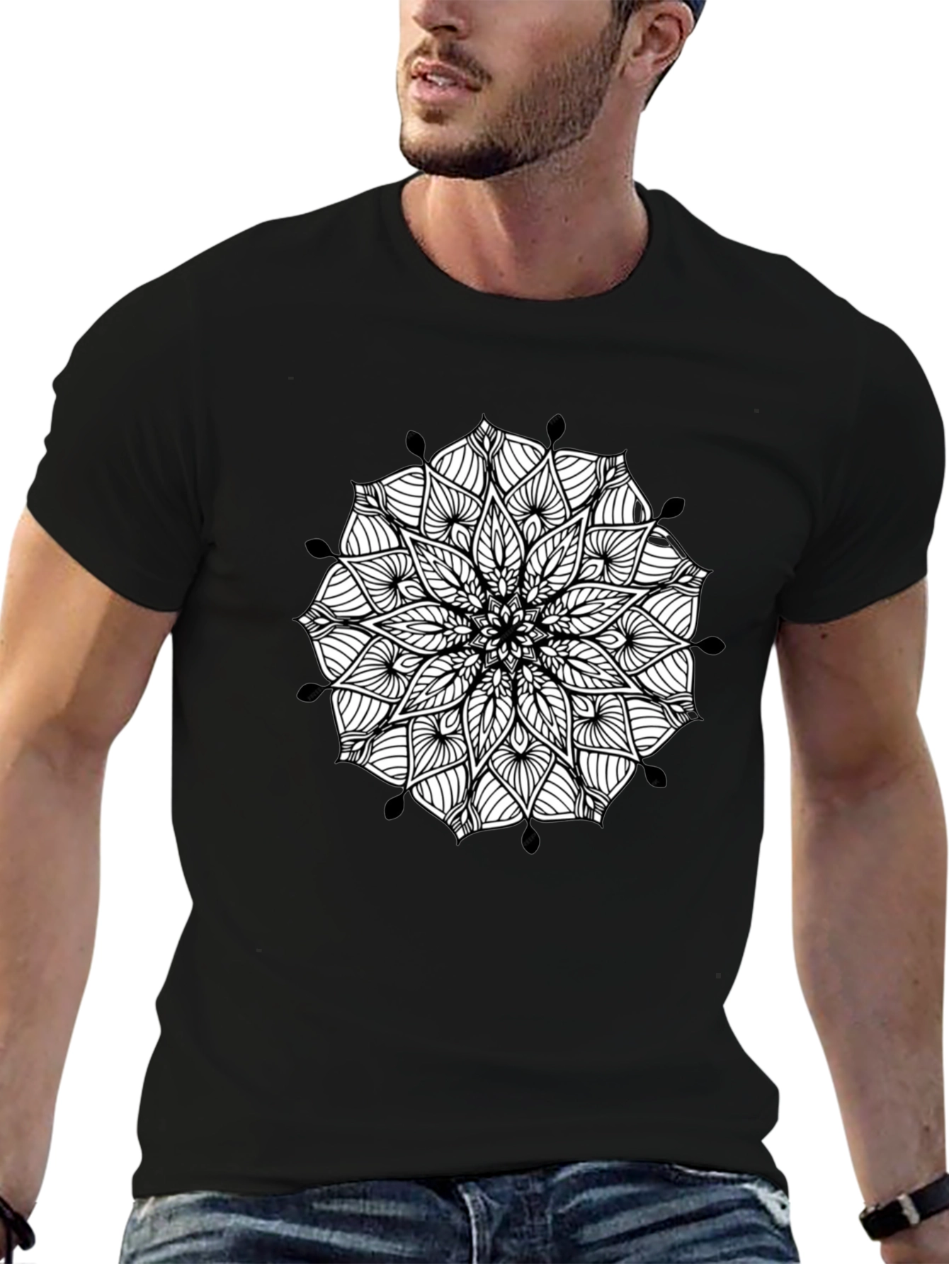 Black Mandala Graphic Black T-Shirt - Artistic Casual Wear view 6