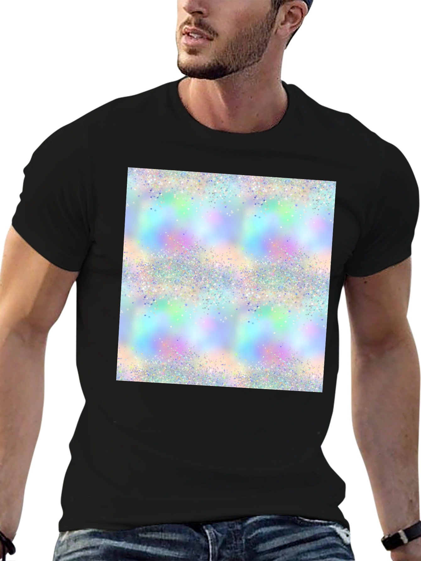 Black Holographic Sparkle Print Black T-Shirt view 6