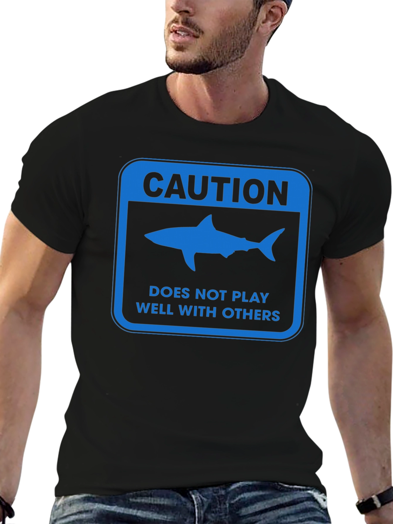 Black Caution Shark T-Shirt - Does Not Play Well With Others view 6