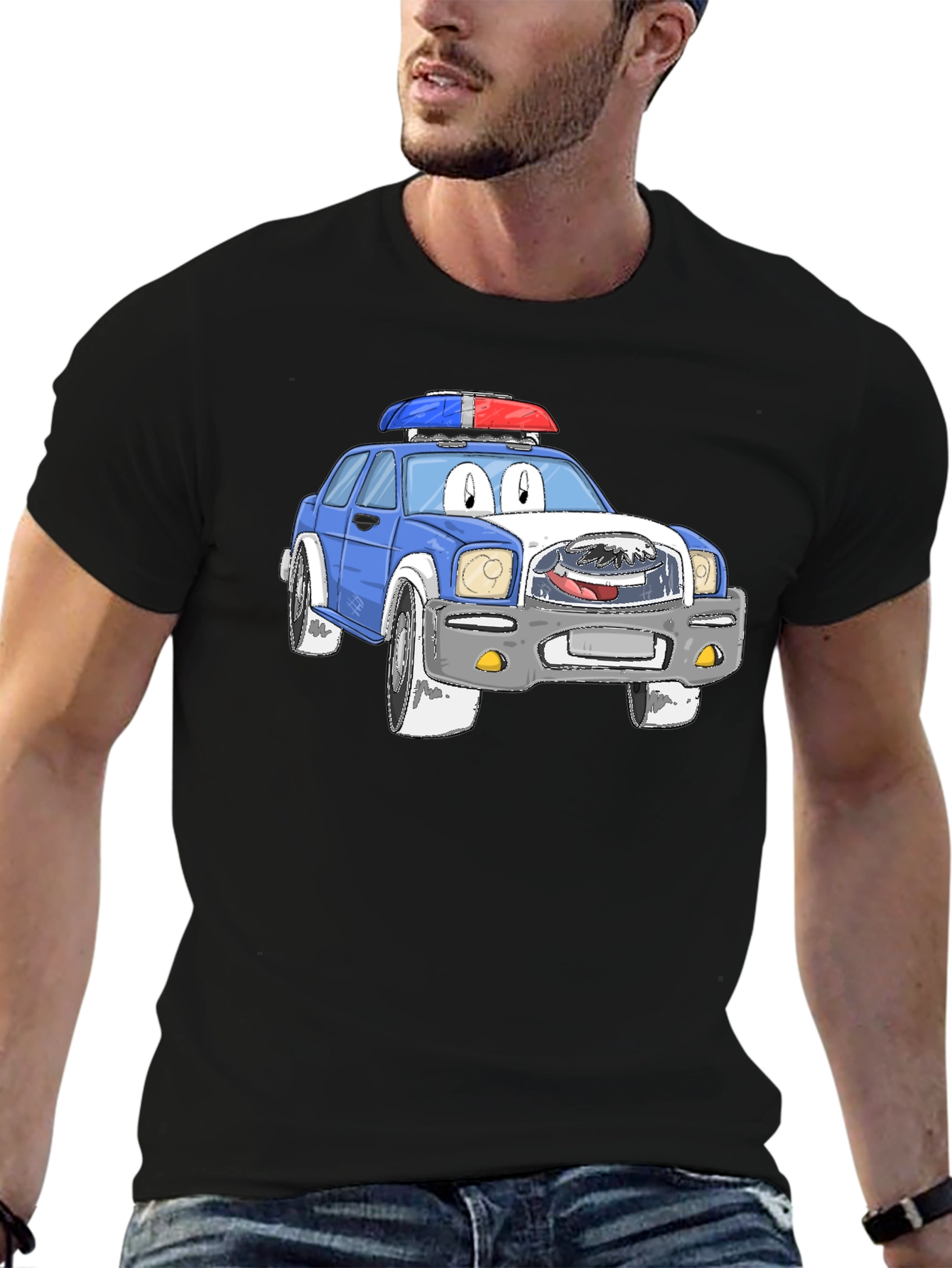 Black Cartoon Police Car Graphic T-Shirt view 6