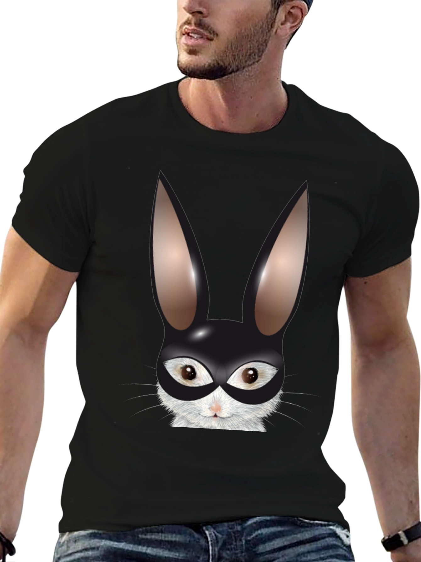 Black Bunny Mask Graphic Tee - Black Cotton Blend T-Shirt view 6