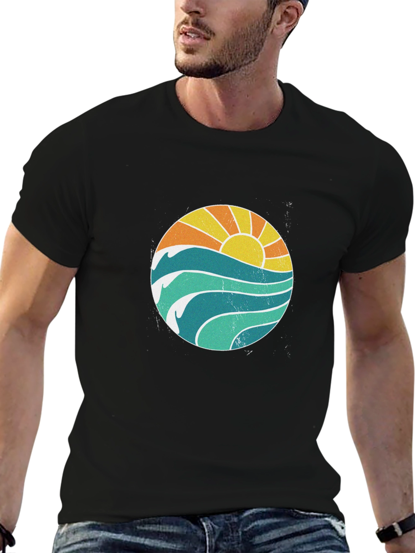 Black Sunset Waves Graphic T-Shirt - Black view 6
