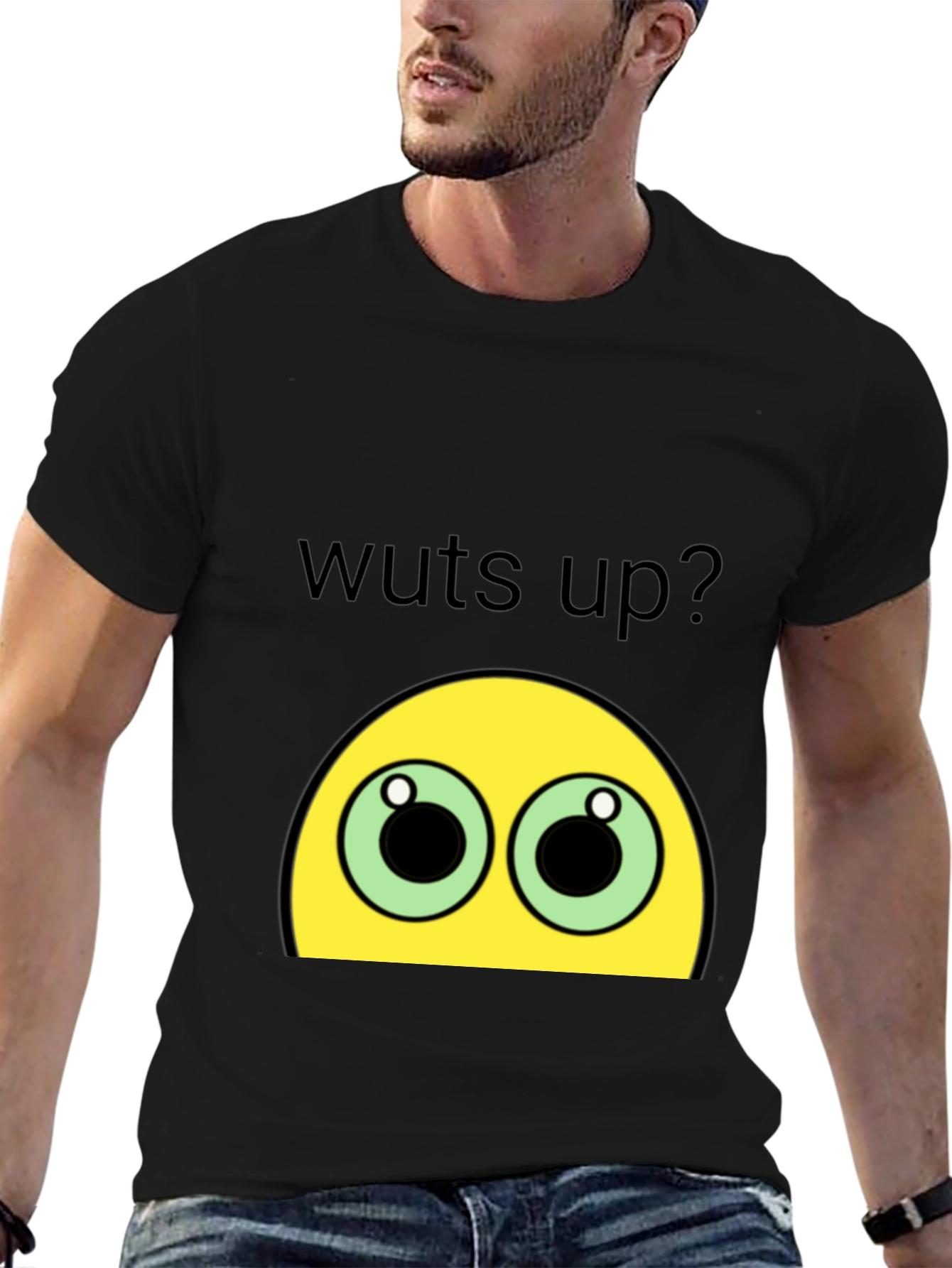 Black Funny Wuts Up? Emoji Black T-Shirt view 6
