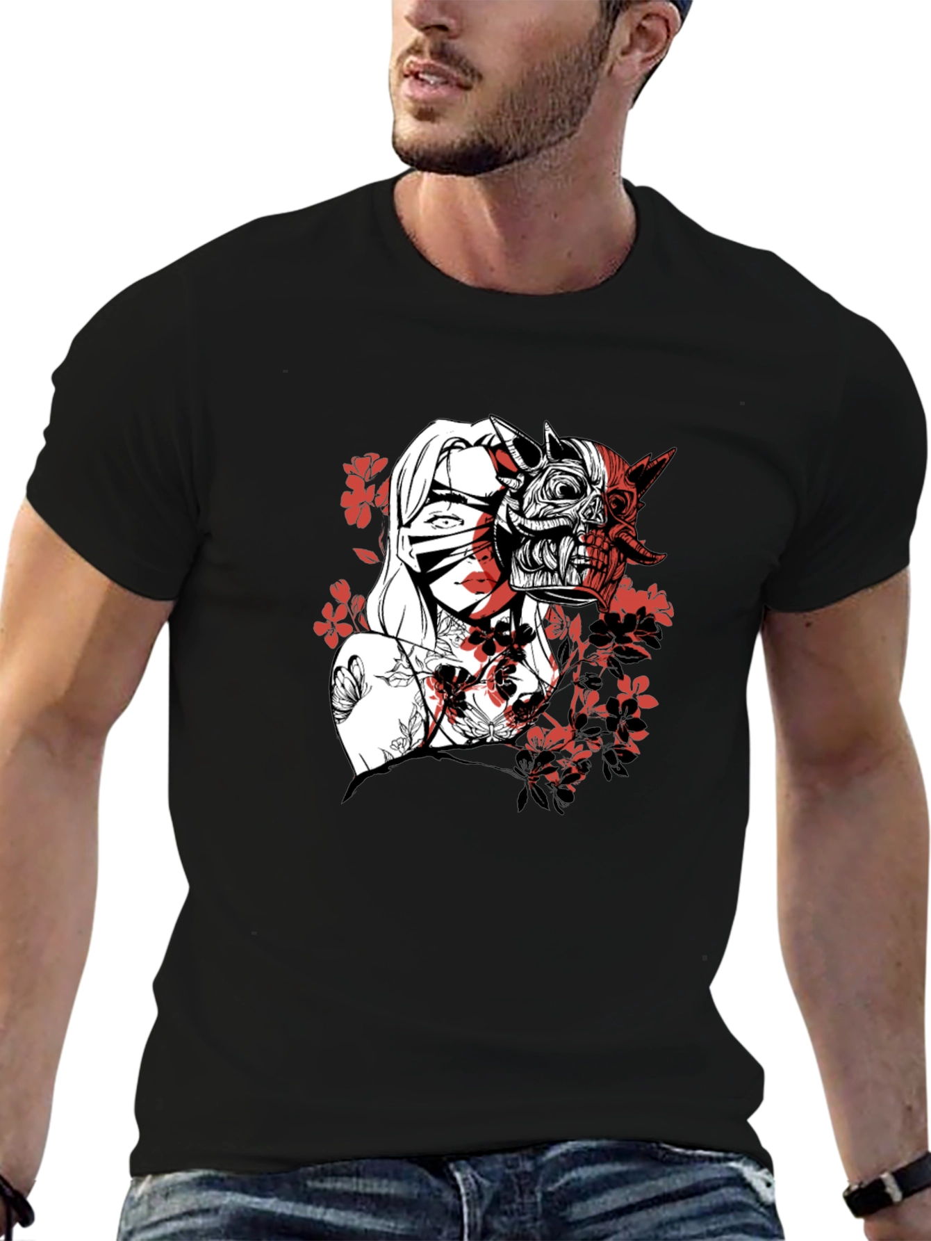Black Men's Graphic Tee - Samurai Girl & Skull Design view 6