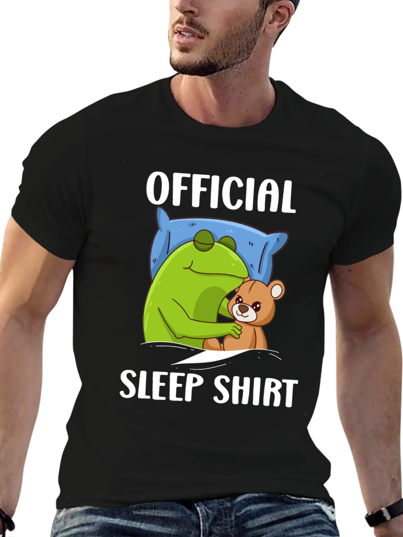 Black Official Sleep Shirt - Frog and Teddy Bear Design view 6