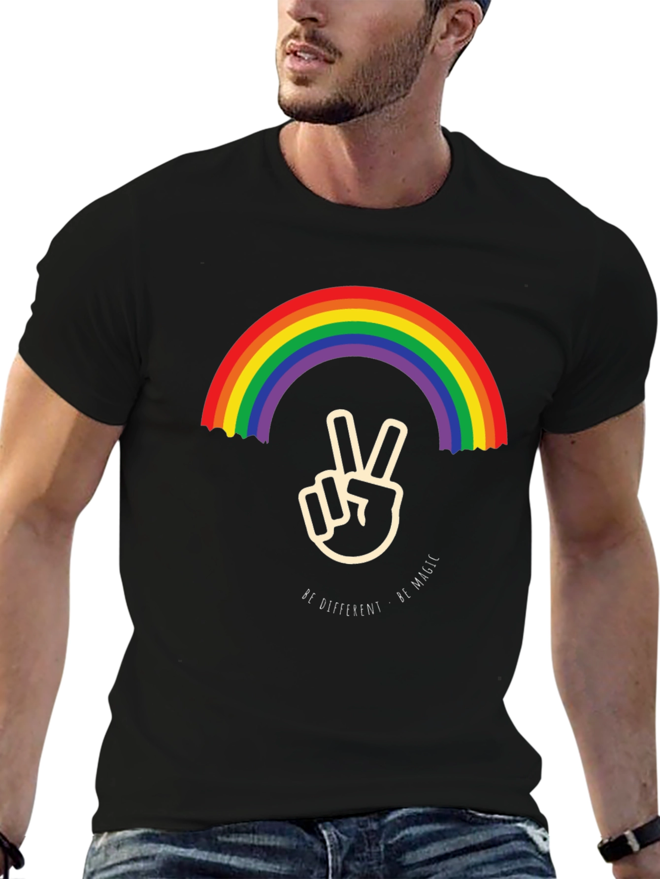 Black Rainbow Peace Sign Graphic Tee - Be Different, Be Magic view 6