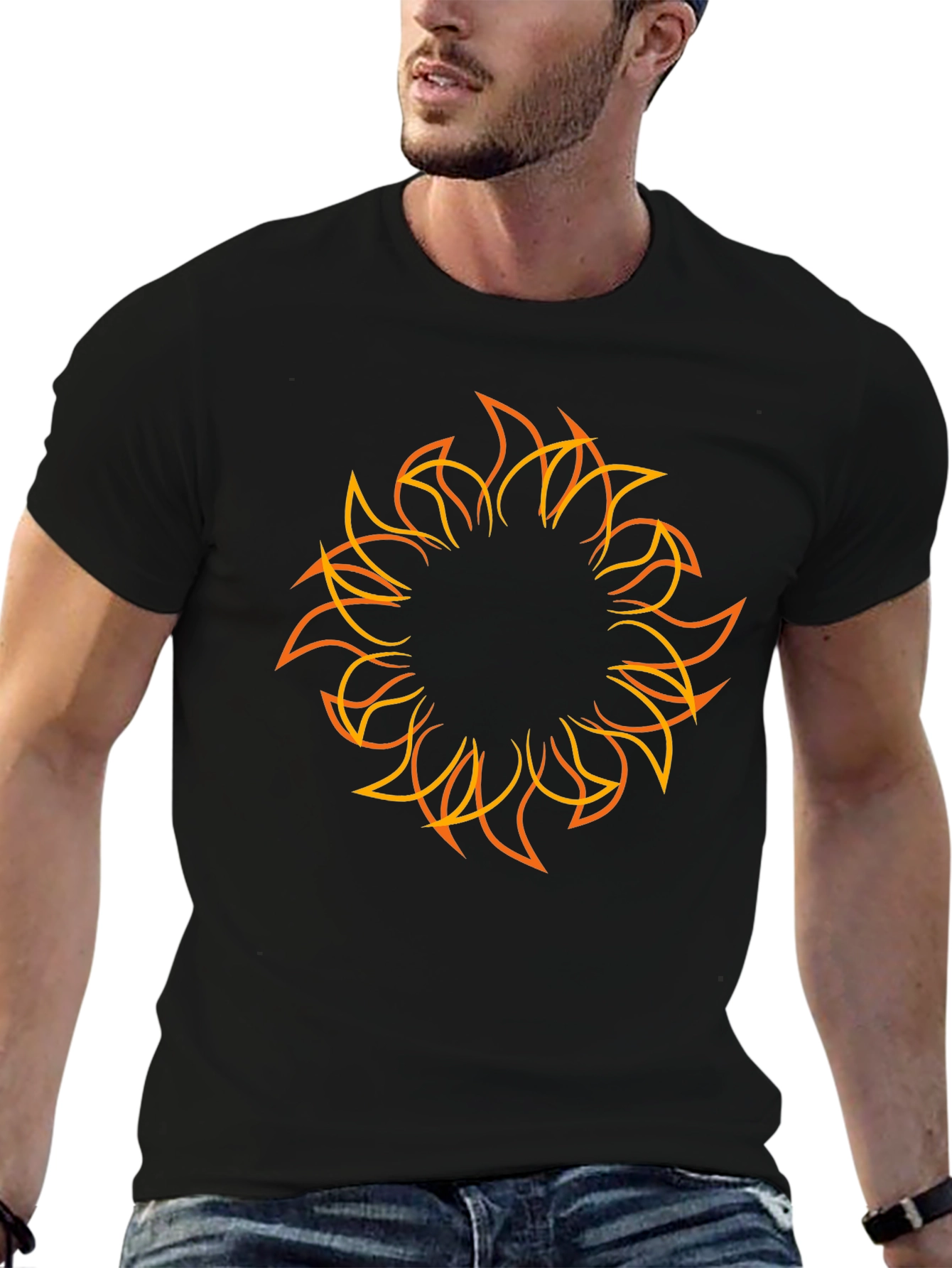 Black Men's Black T-Shirt with Sunburst Graphic view 6