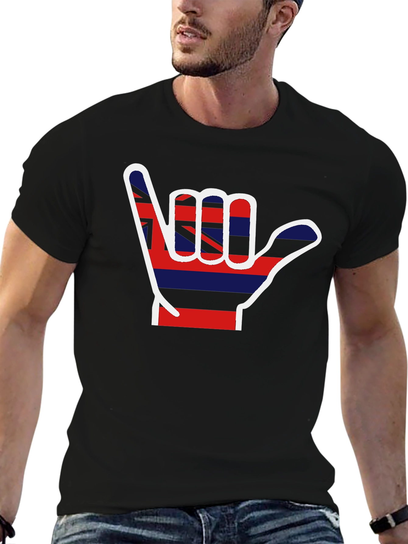 Black Hang Loose Hawaiian Flag Shaka Graphic T-Shirt view 6