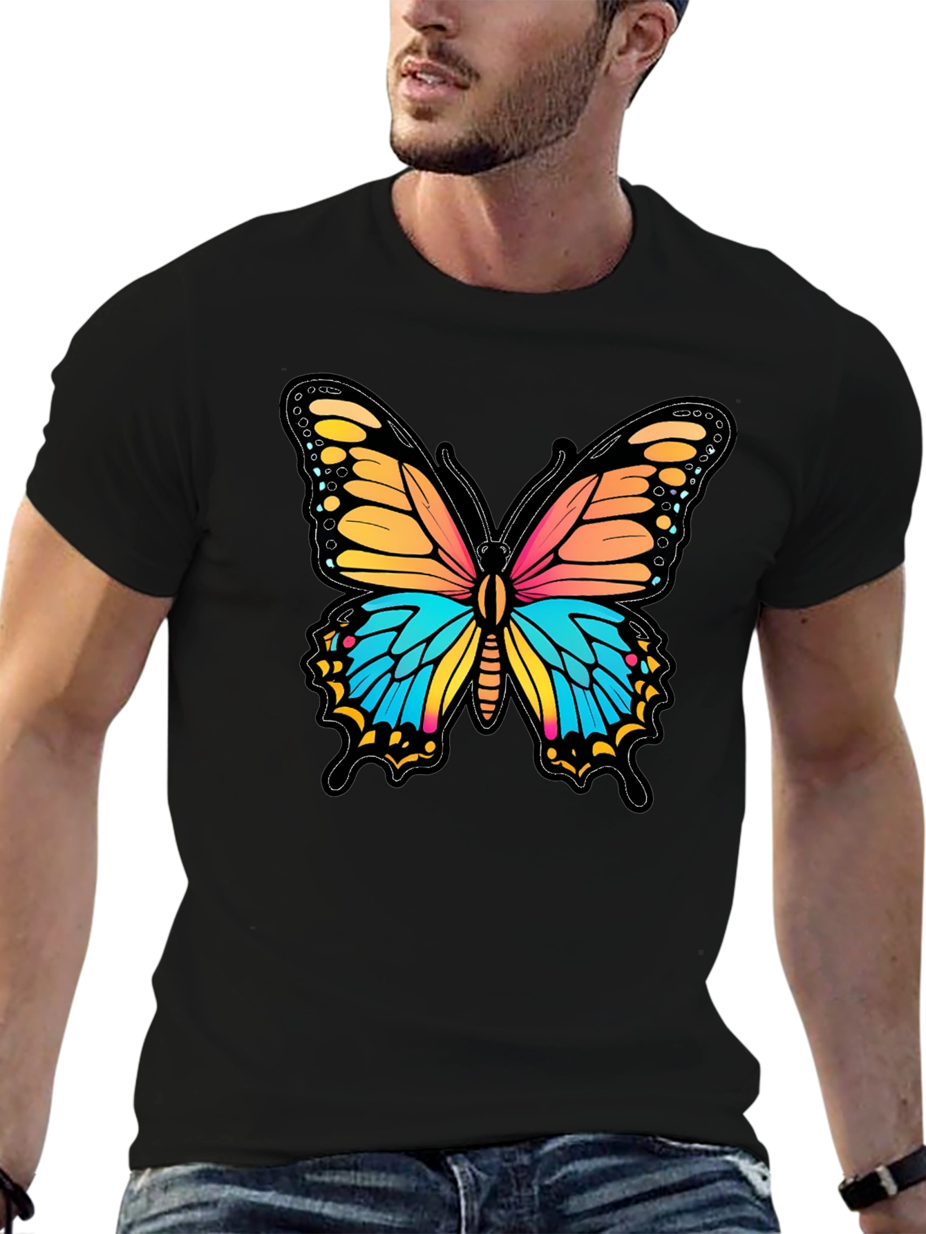 Black Vibrant Butterfly Graphic Print Black T-Shirt view 6