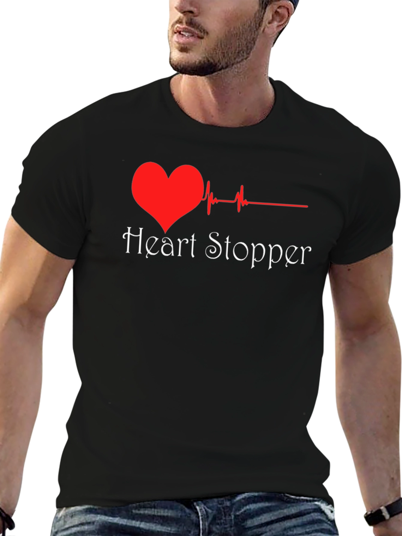 Black Heart Stopper T-Shirt - Heartbeat Design view 6