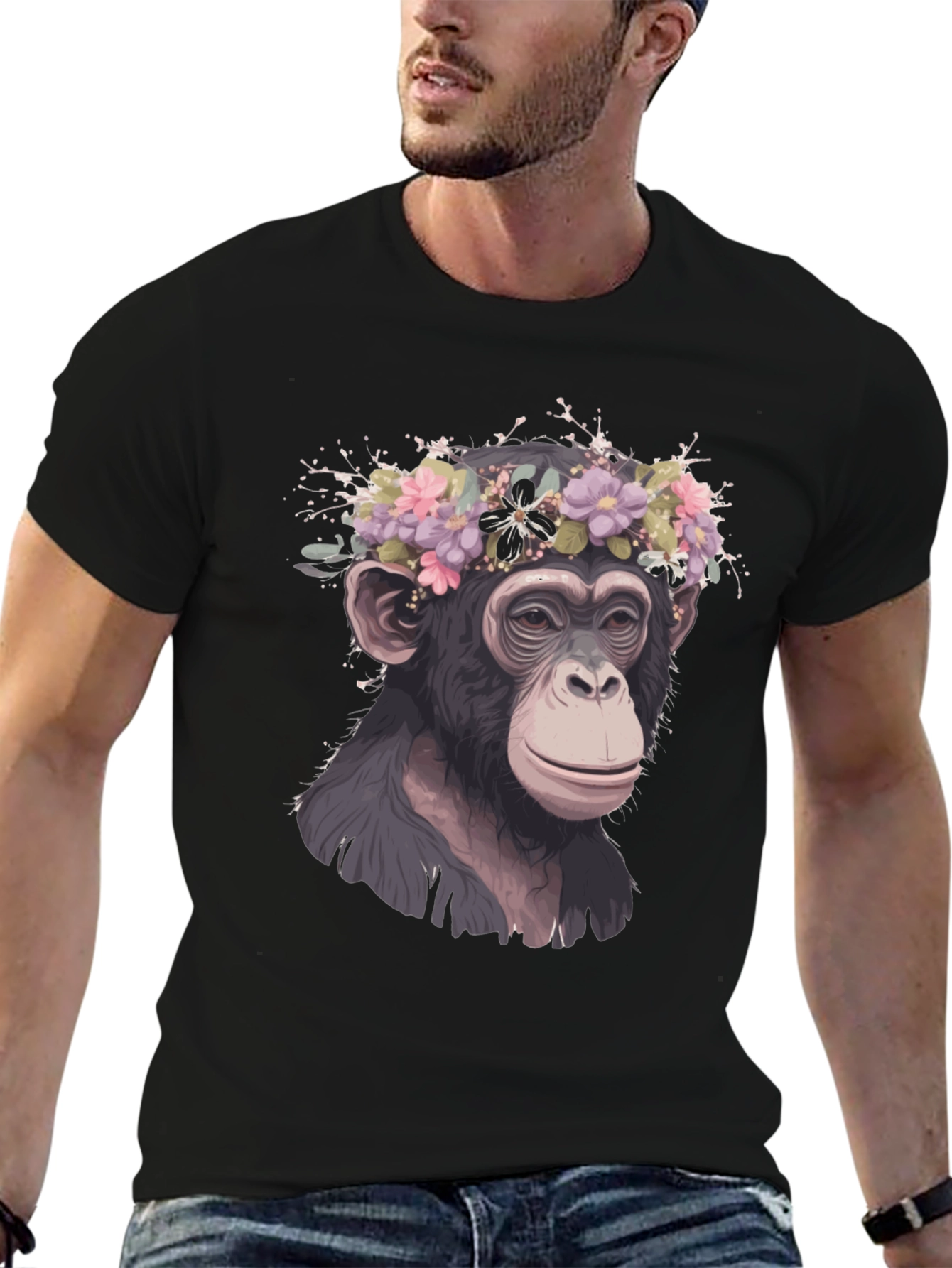 Black Monkey Flower Crown T-Shirt - Artistic Animal Tee view 6