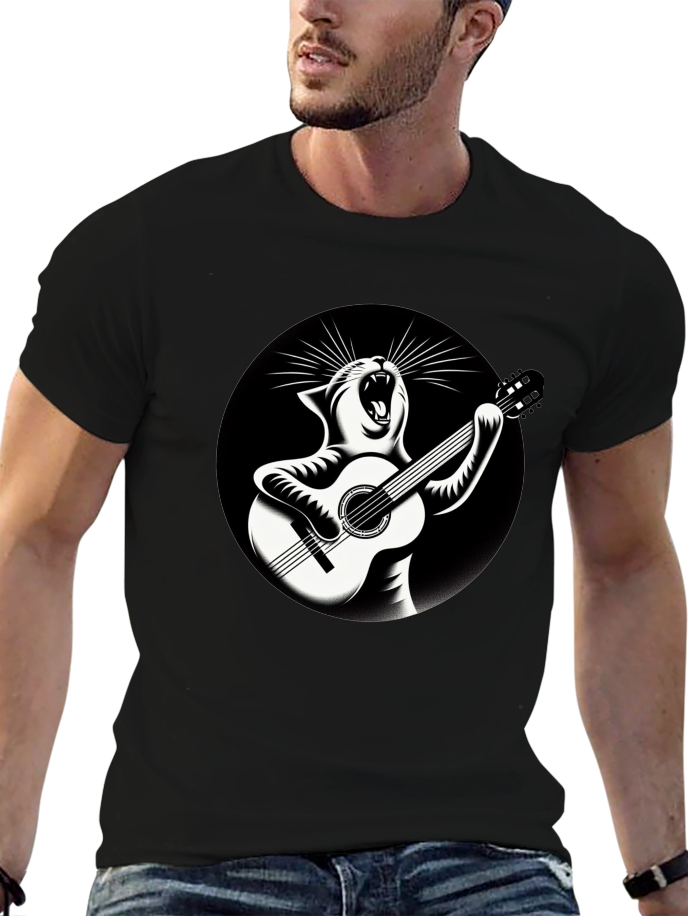 Black Cat Playing Guitar Graphic T-Shirt view 6