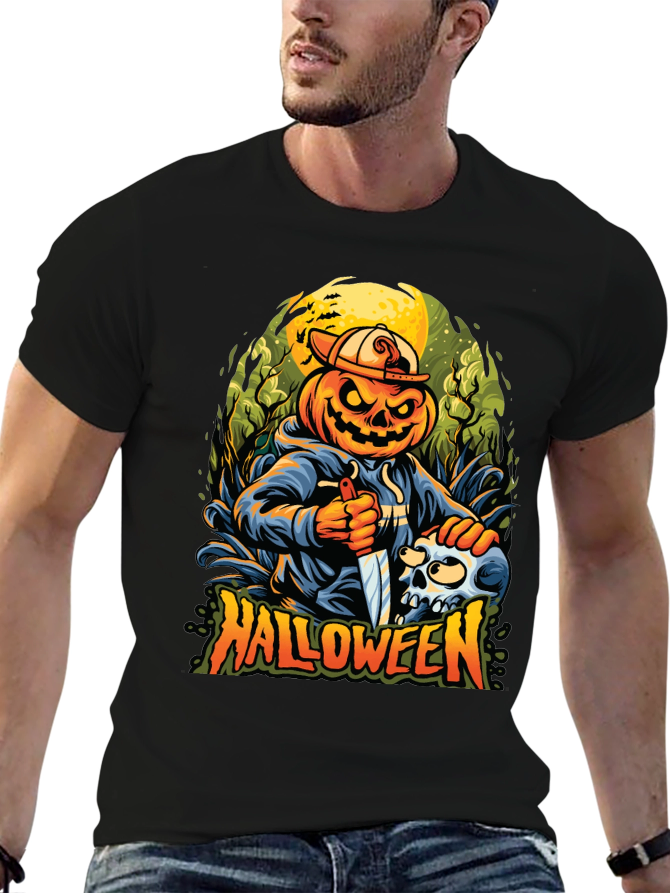 Black Halloween Pumpkin Skull Graphic Tee view 6