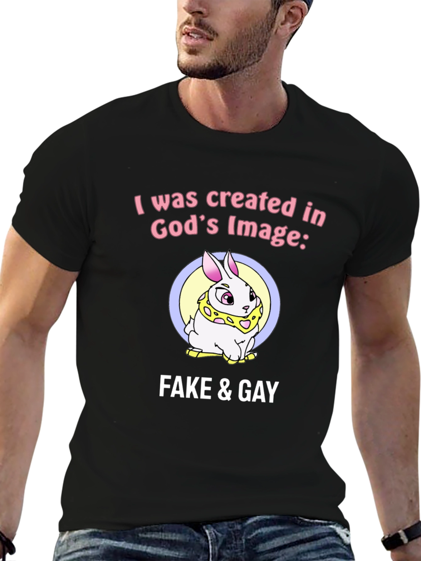 Black Funny Graphic Tee - "Fake & Gay" Bunny T-Shirt view 6