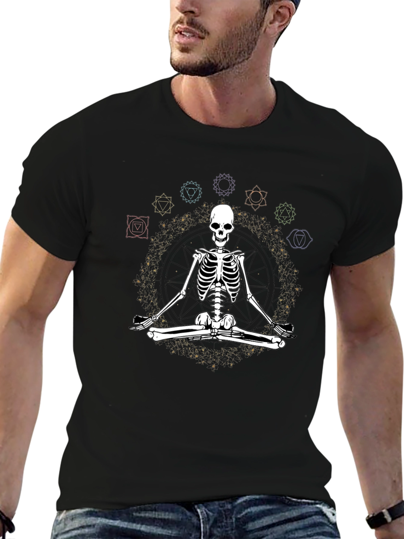 Black Meditating Skeleton Chakra T-Shirt - Yoga Death Black Tee view 6