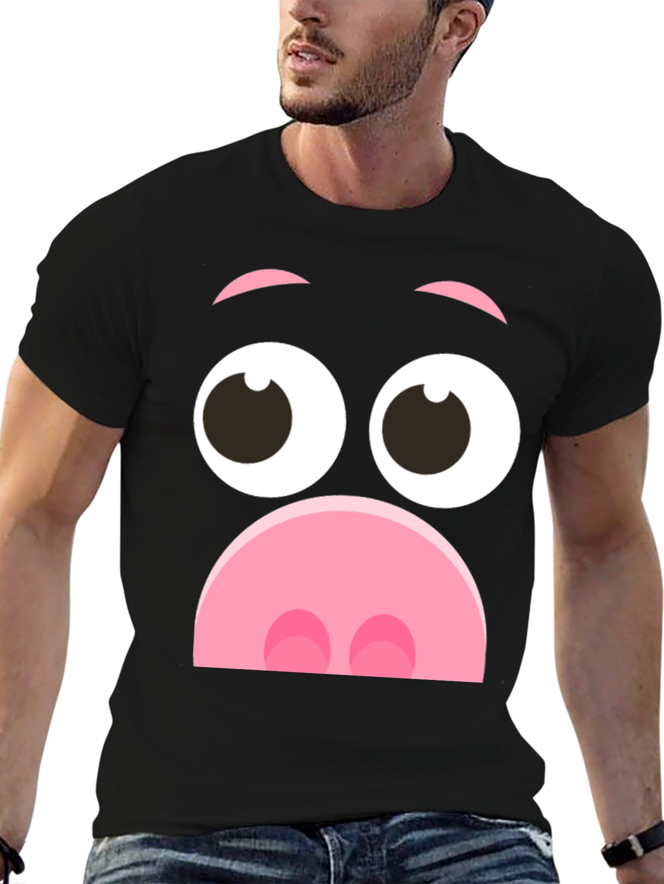 Black Funny Pig Face Graphic T-Shirt - Novelty Cartoon Tee view 6