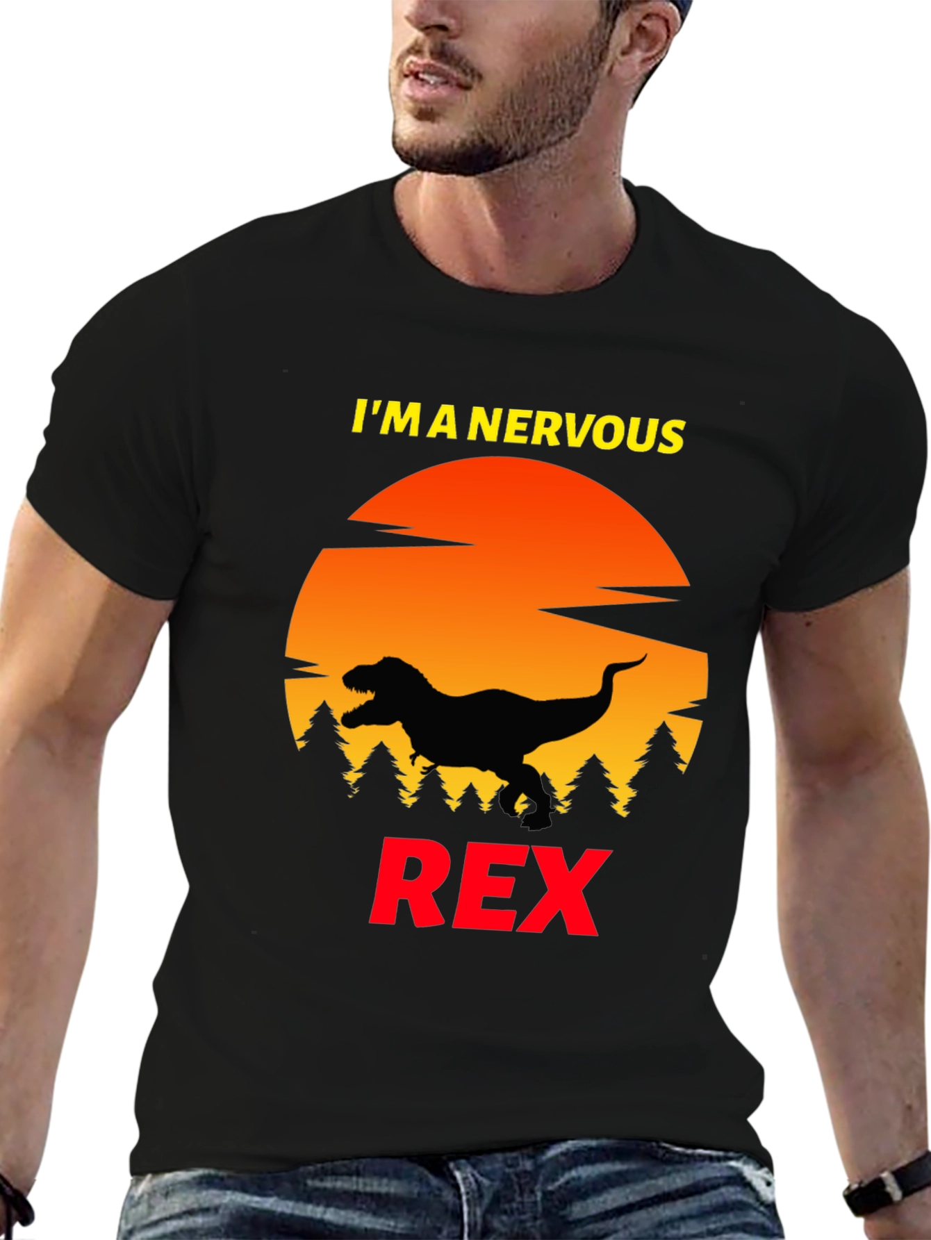 Black Nervous Rex T-Shirt - Funny Dinosaur Tee view 6