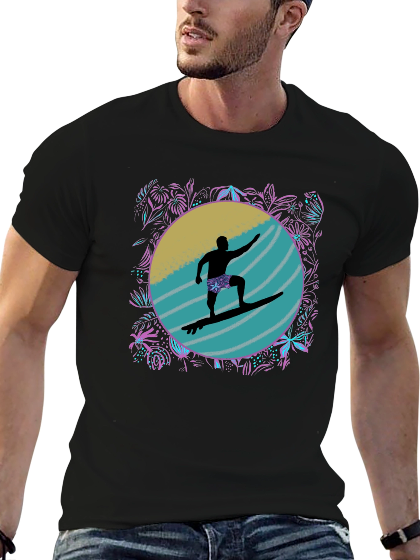 Surfer Silhouette Graphic Tee - Black - 6
