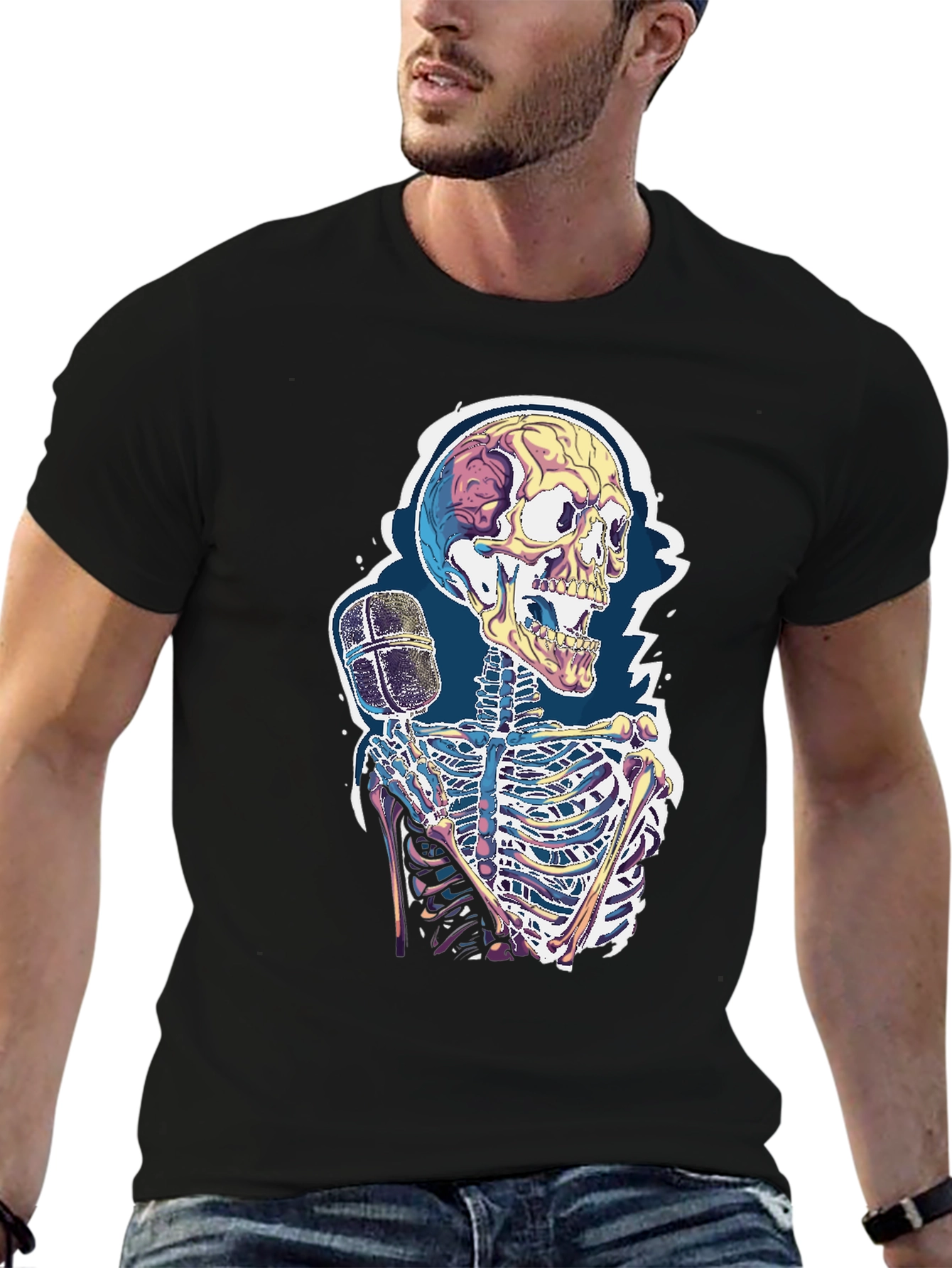 Black Skeleton Microphone Graphic Tee - Black view 6