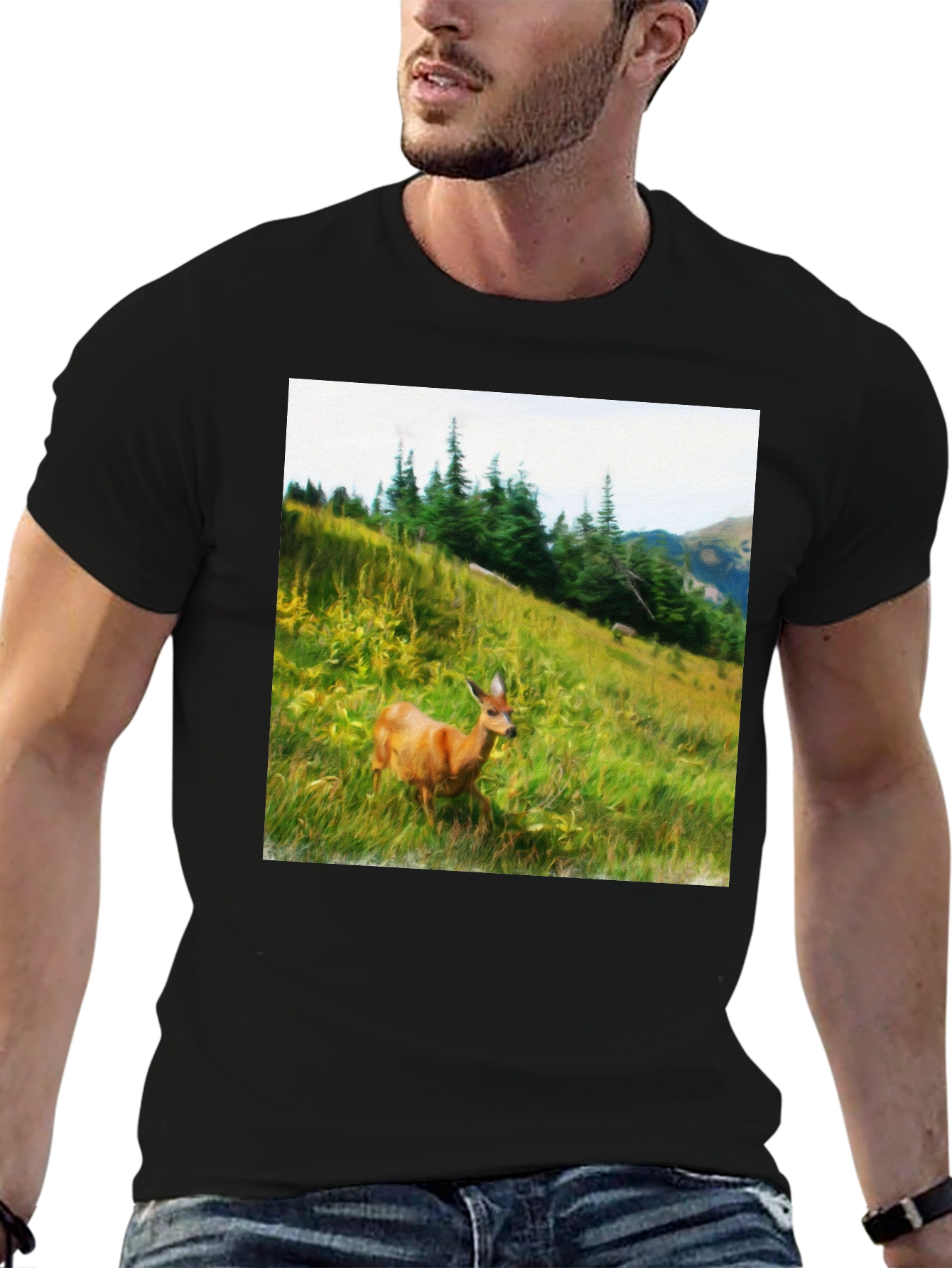 Black Nature Scene Deer Graphic Tee - Unisex Black T-Shirt view 6