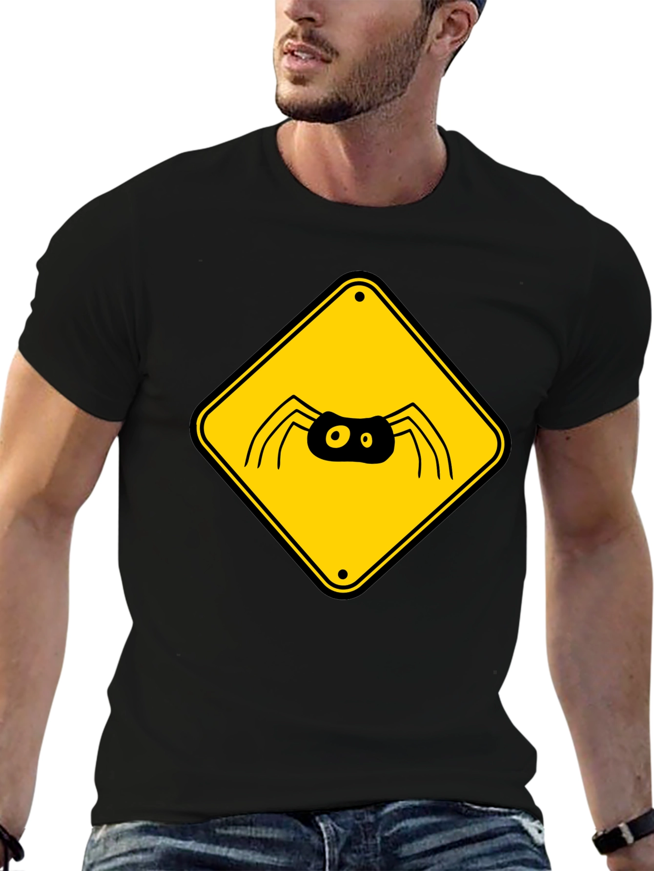 Black Spider Warning Sign Graphic T-Shirt view 6