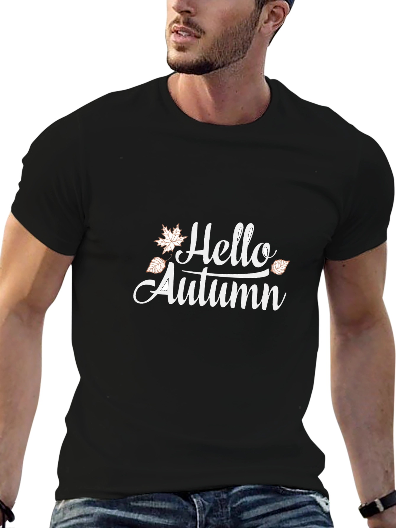 Black Hello Autumn Graphic Tee - Black Cotton T-Shirt view 6
