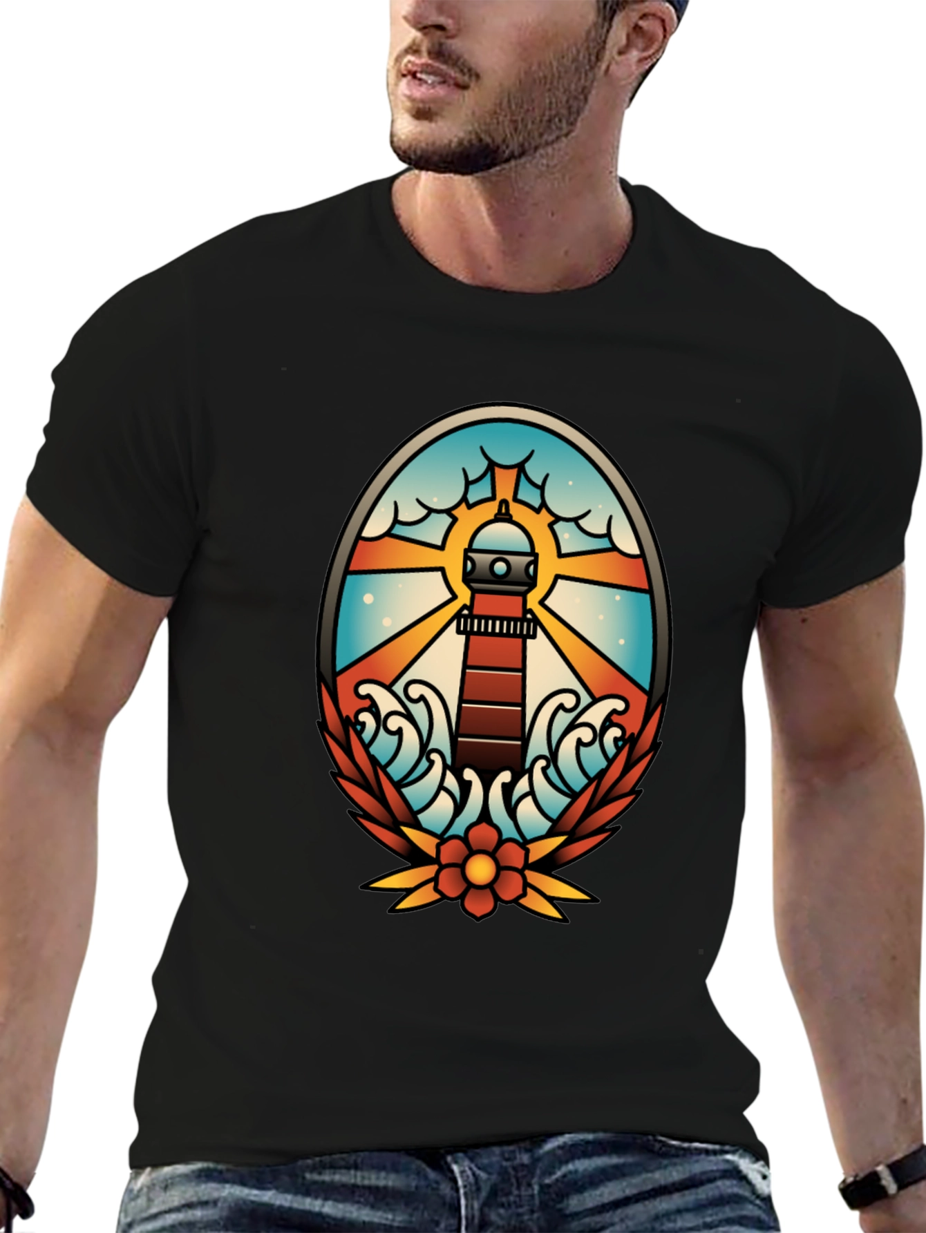 Black Lighthouse Tattoo Graphic T-Shirt - Black view 6