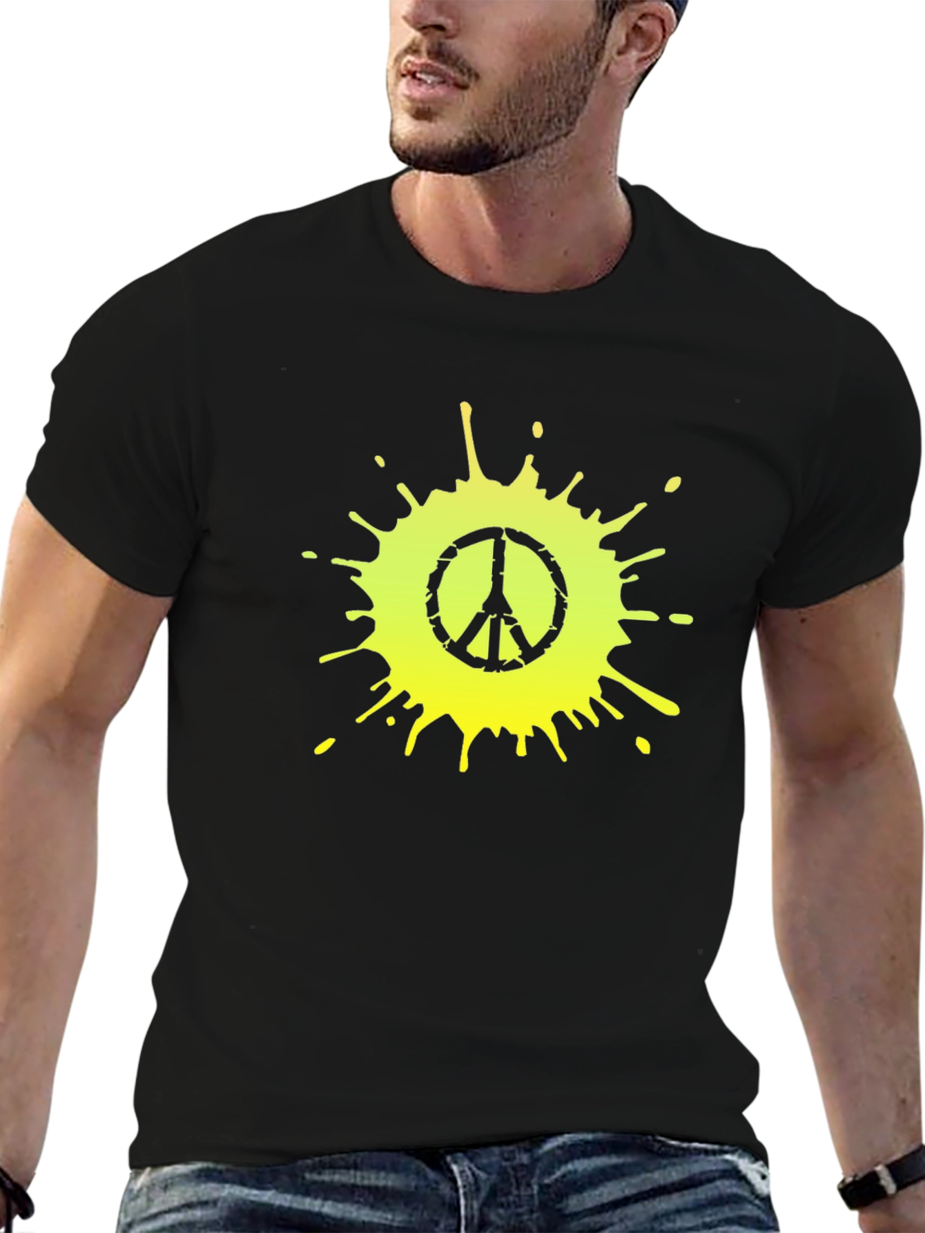 Black Peace Sign Splatter Graphic Tee - Black Cotton T-Shirt view 6