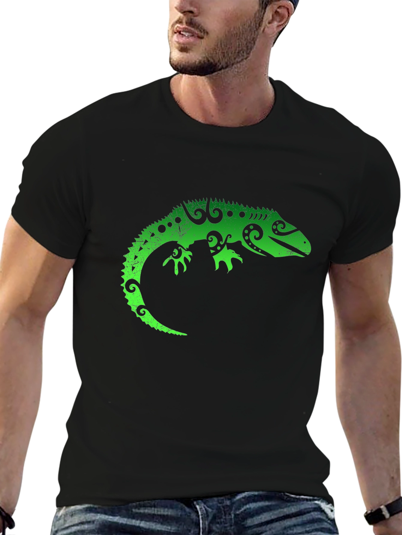 Black Green Lizard Graphic Tee - Cool Reptile T-Shirt view 6