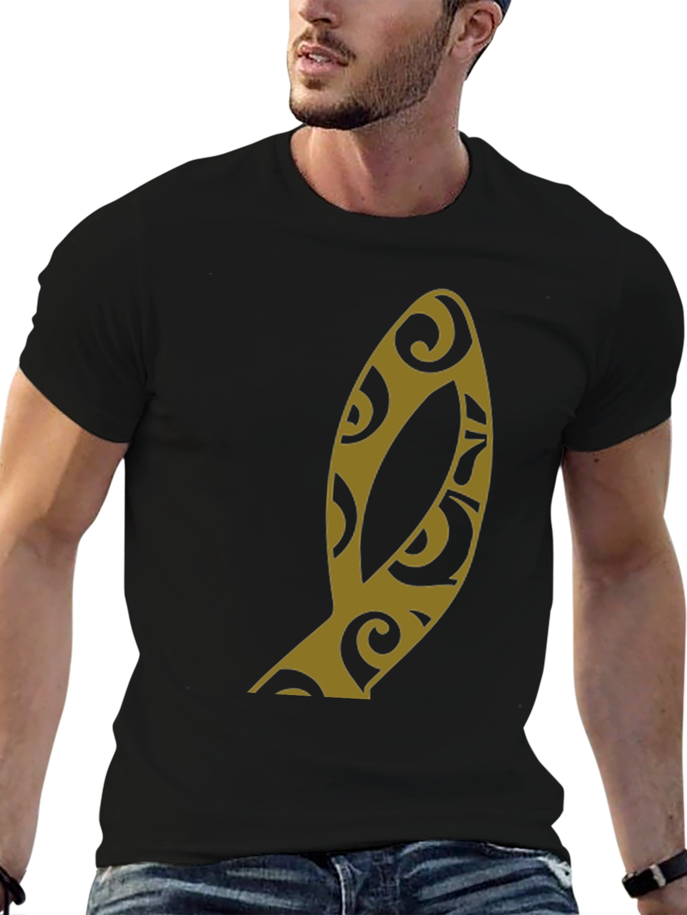 Black Stylish Black T-Shirt with Unique Gold Graphic Print view 6