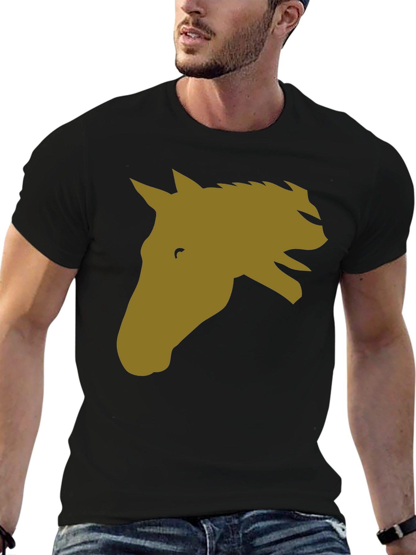 Black Horse Head Graphic Tee - Black Cotton Blend Casual T-Shirt view 6