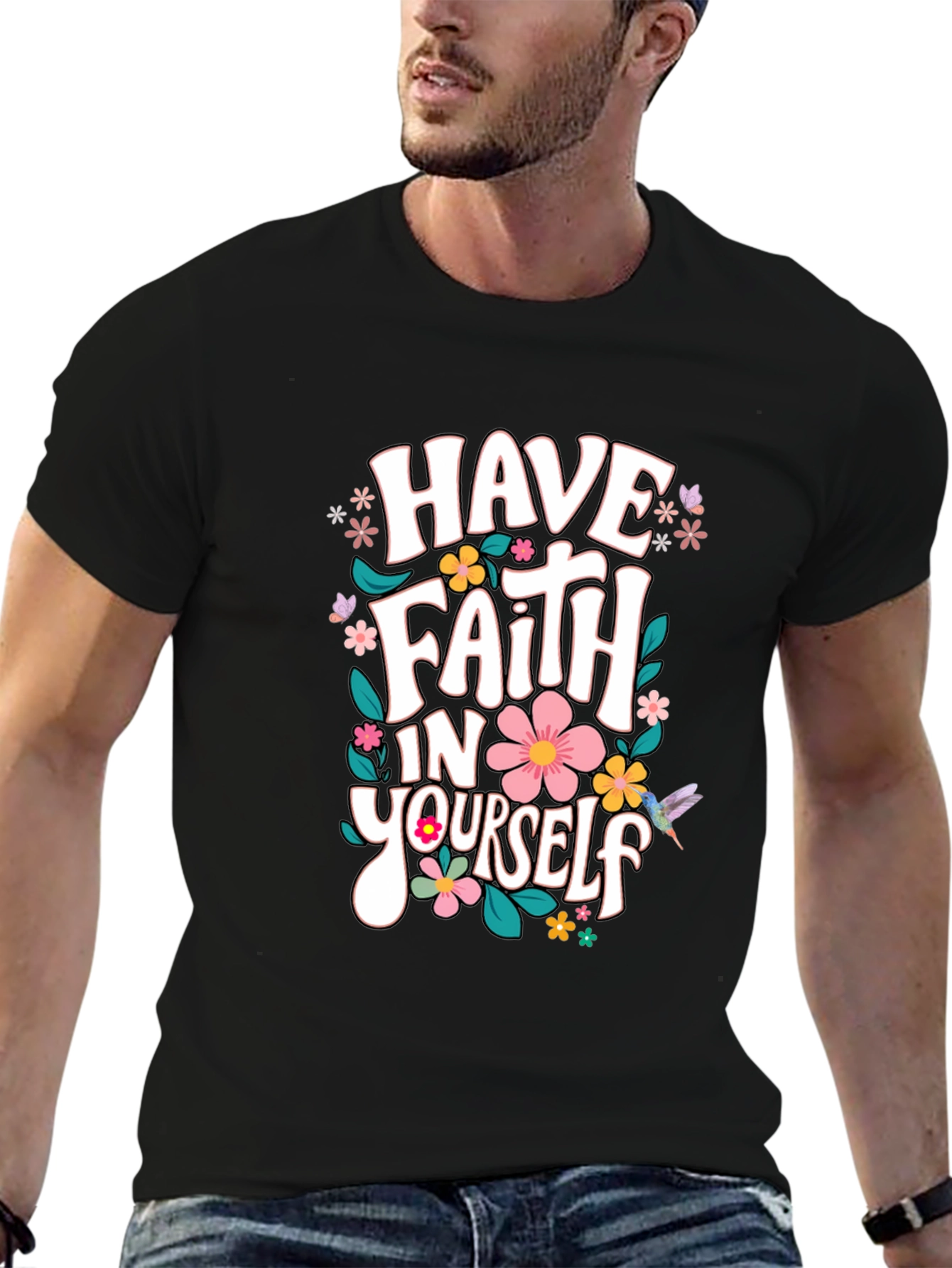 Black Faith In Yourself T-Shirt, Floral Design, Black view 6