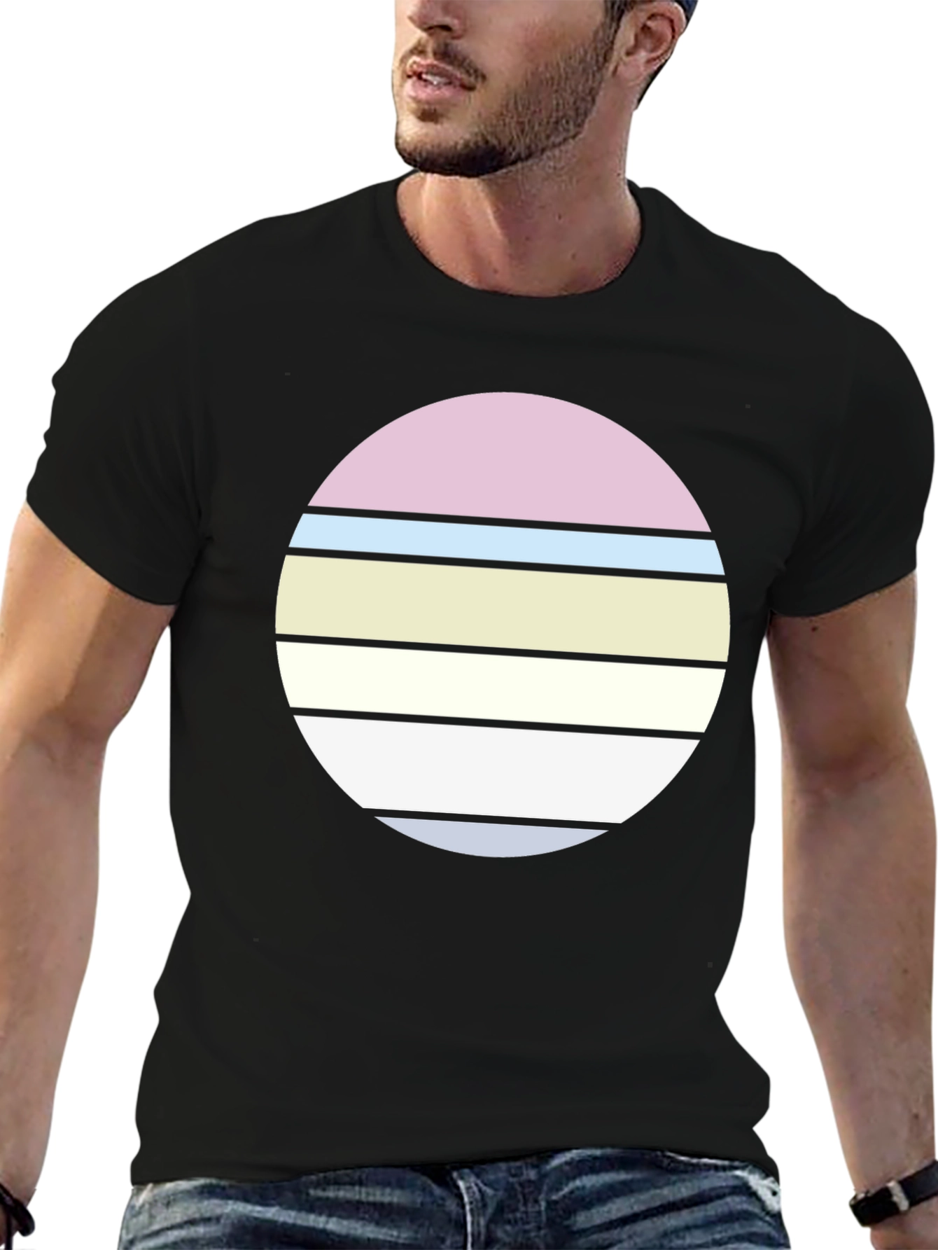 Black Retro Striped Circle Graphic T-Shirt view 6