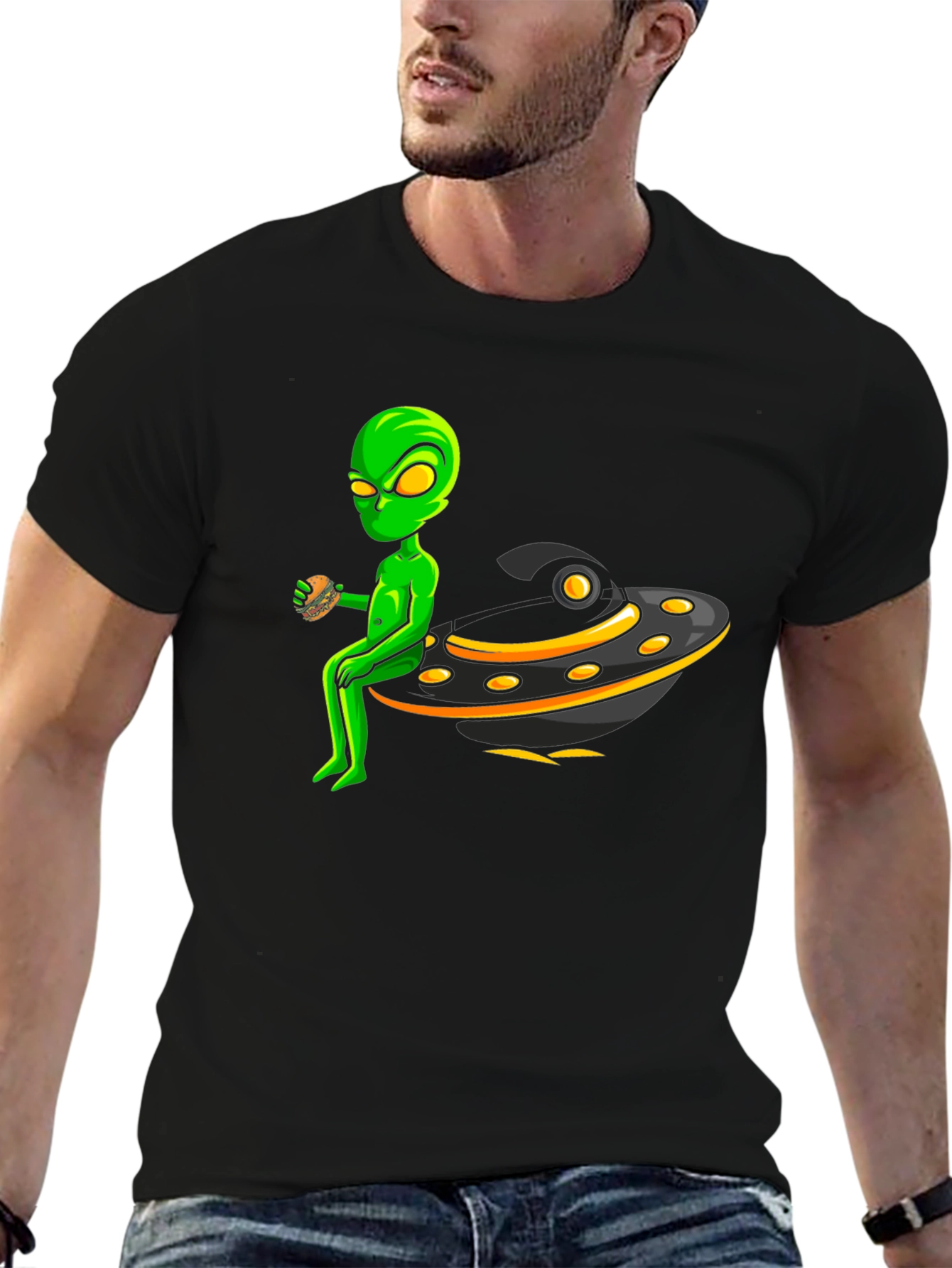 Black Alien UFO Burger Black T-Shirt view 6
