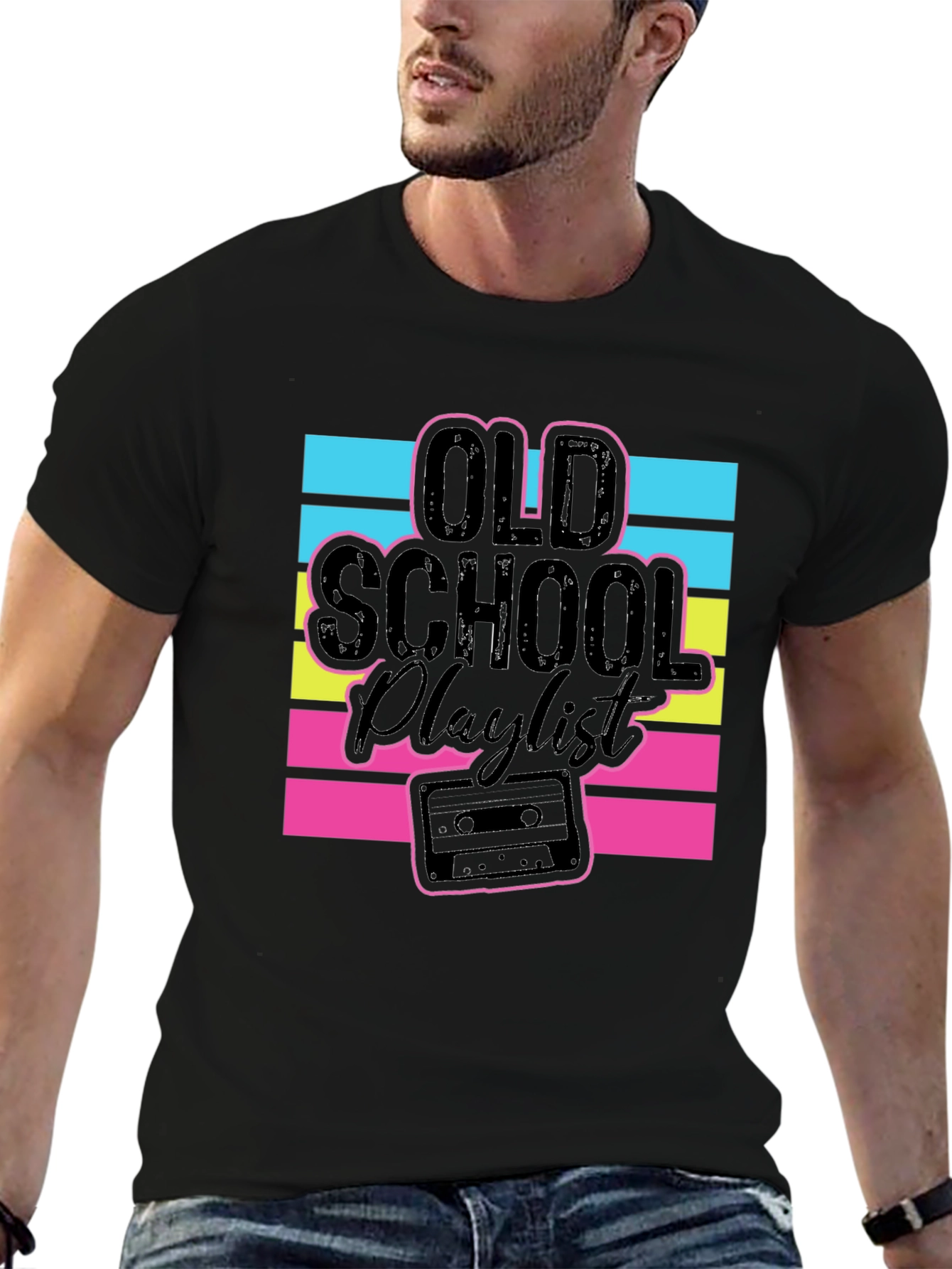 Black Old School Playlist Graphic T-Shirt view 6
