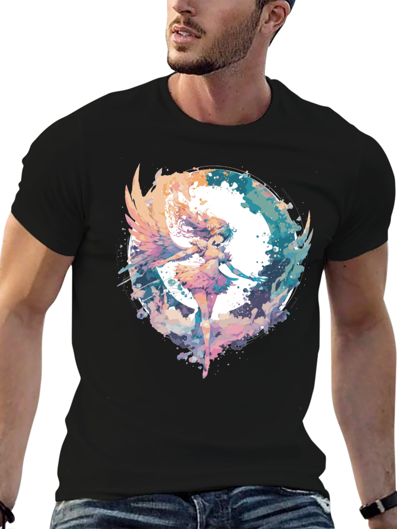 Black Anime Angel Wings T-Shirt - Watercolor Style view 6