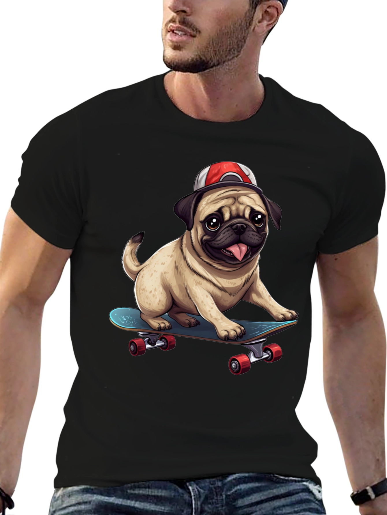 Black Pug Skateboard T-Shirt - Cool Dog Tee view 6