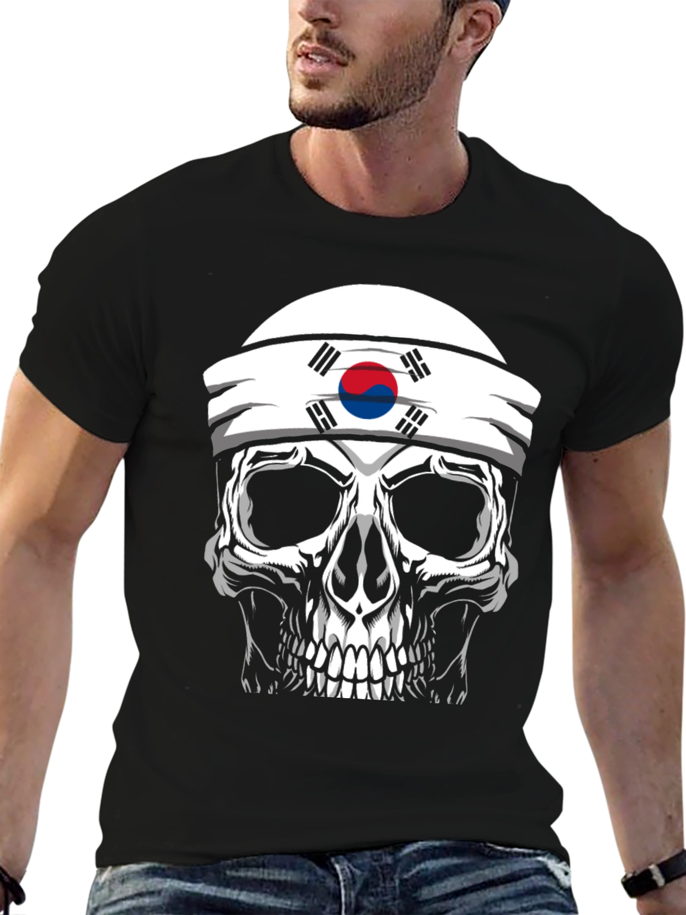 Black Skull Korea Flag Headband Men's Black T-Shirt view 6