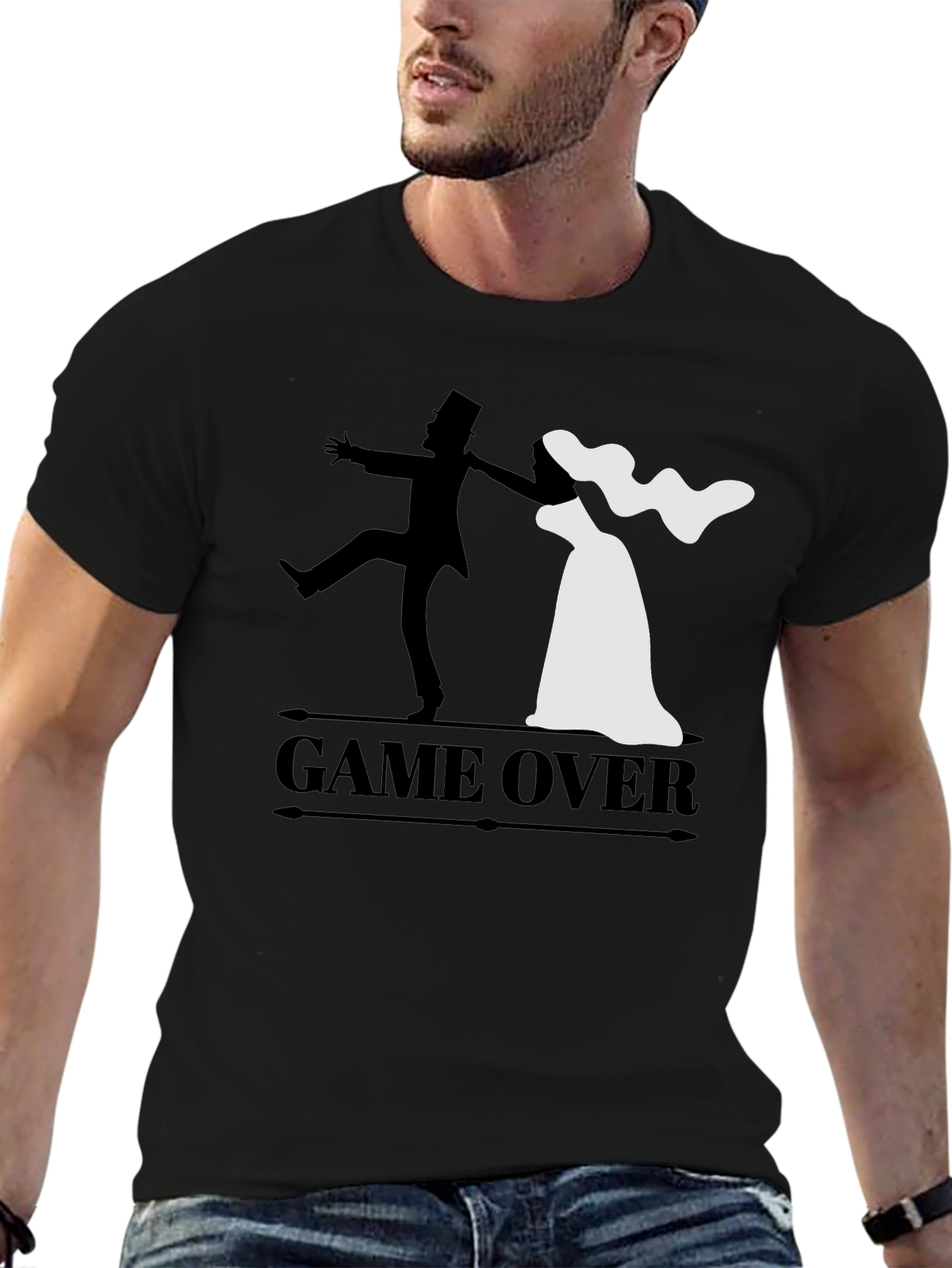 Black Game Over Groom & Bride Graphic Tee - Funny Wedding Shirt view 6