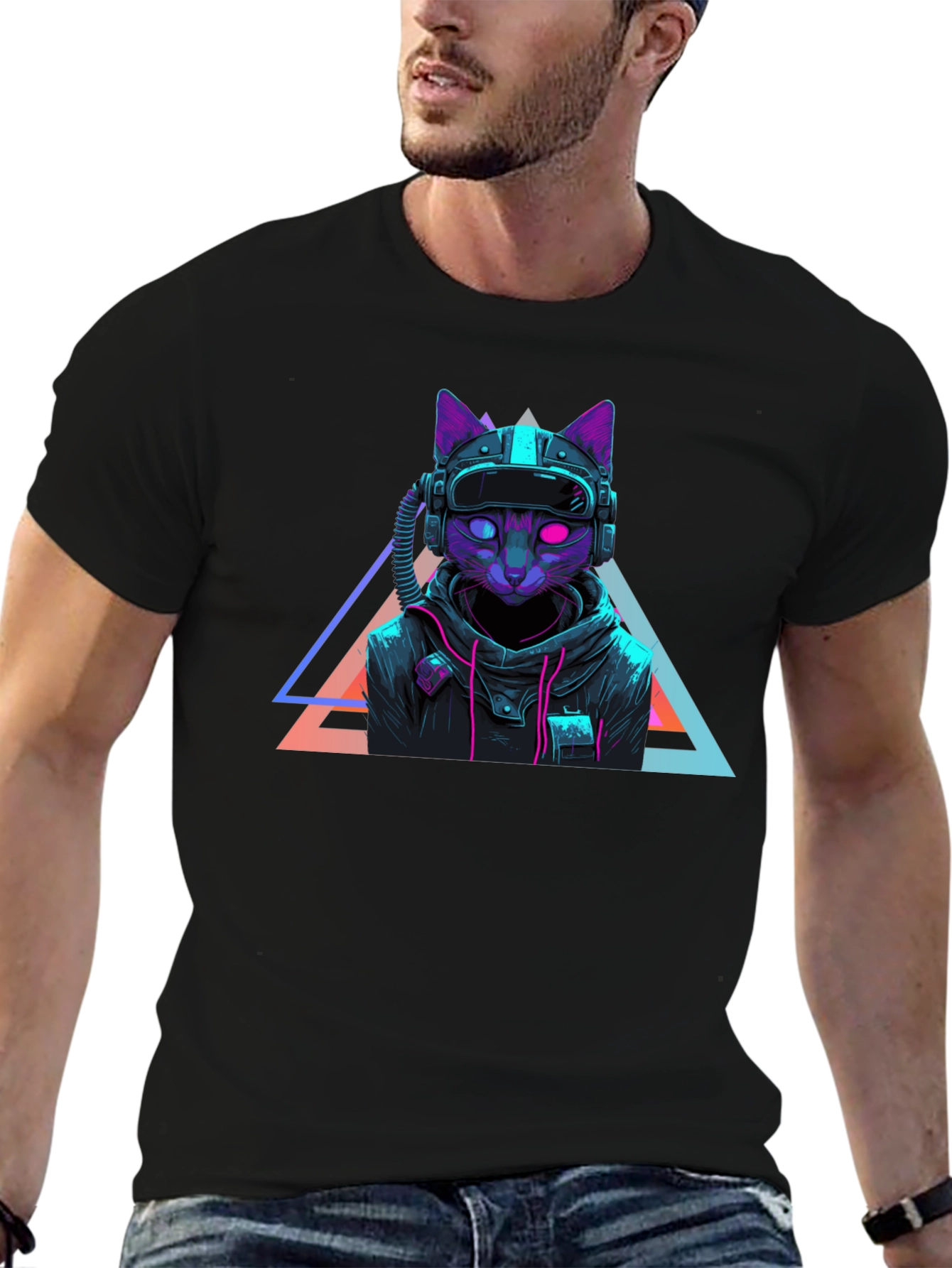 Black Cyberpunk Cat T-Shirt - Futuristic Neon Design view 6