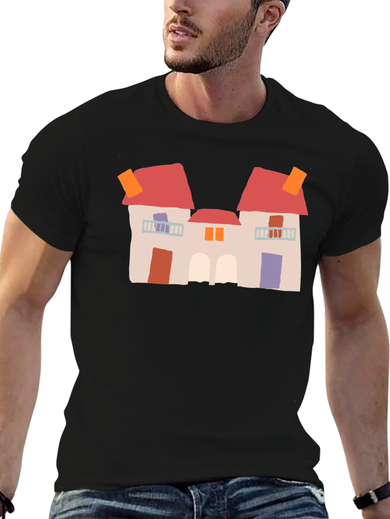 Black Quirky House Print Black T-Shirt view 6