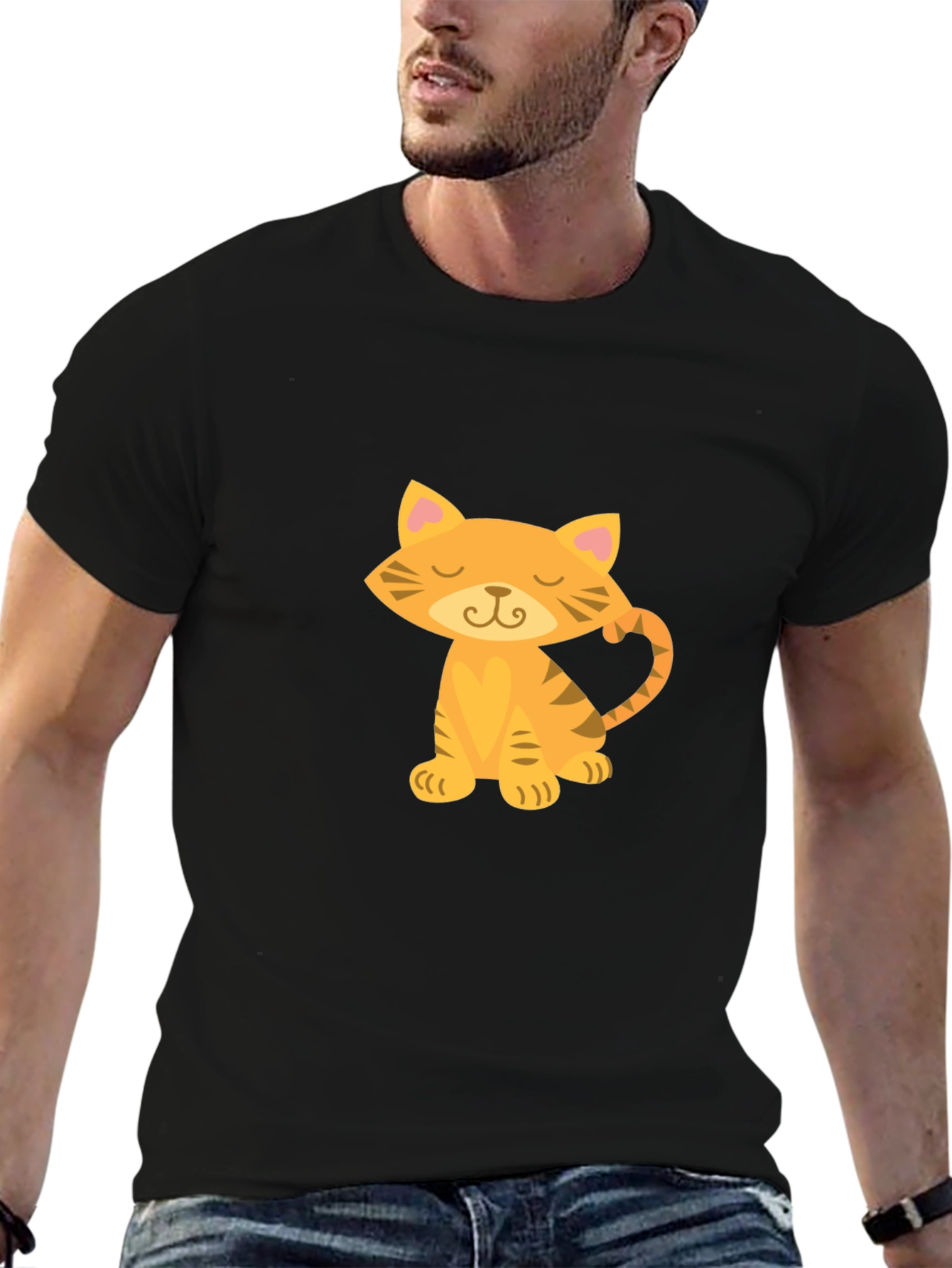 Black Cute Cartoon Cat Graphic Tee - Black Cotton T-Shirt view 6