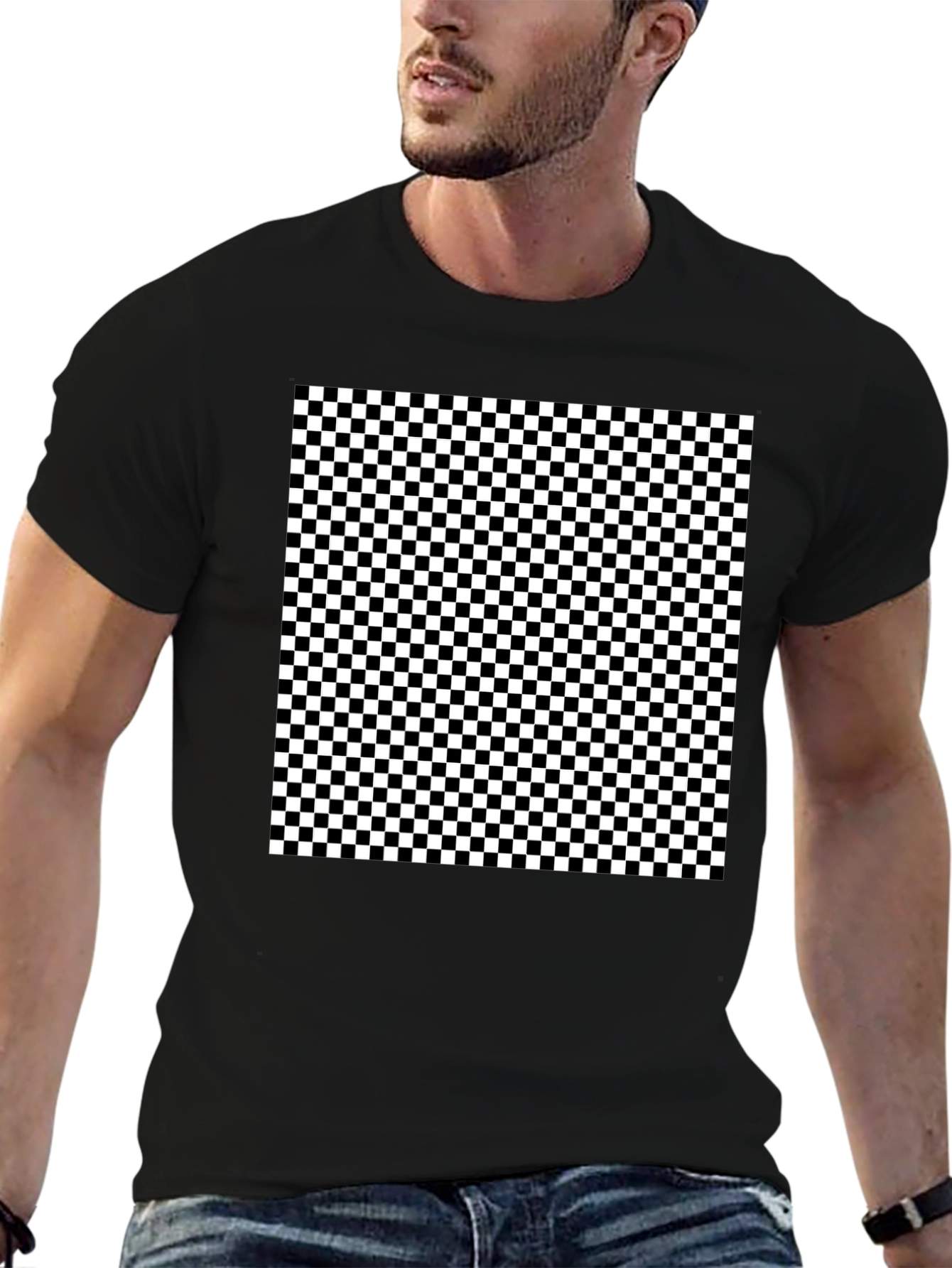 Black Checkered Pattern Black T-Shirt view 6