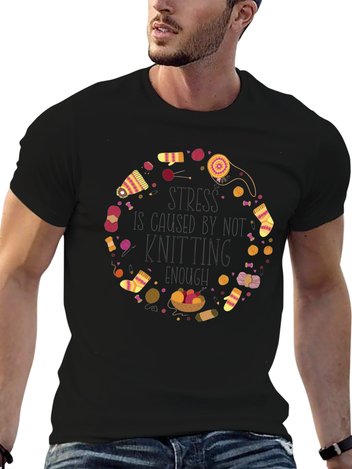 Black Knitting Circle Graphic Tee - Cozy Crafting Shirt view 6